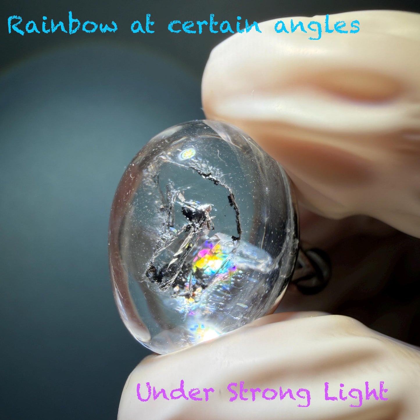 Rare Polished Enhydro Quartz (Herkimer Diamond) s925 Silver Adjustable Ring: Rainbow! Flowing Black Mica and Shifting Bubble Inclusion Crystal Statement Ring for Women ring crystal band ring cocktail ring crystal stackable ring 7 chakra crystal ring meditation crystal healing stone birthstone silver ring ring for men rainbow quartz inclusion quartz inclusion crystal minerals specimen silver ring free size ring adjustable ring holder rain quartz enhydro crystal inclusion crystal inclusion quartz