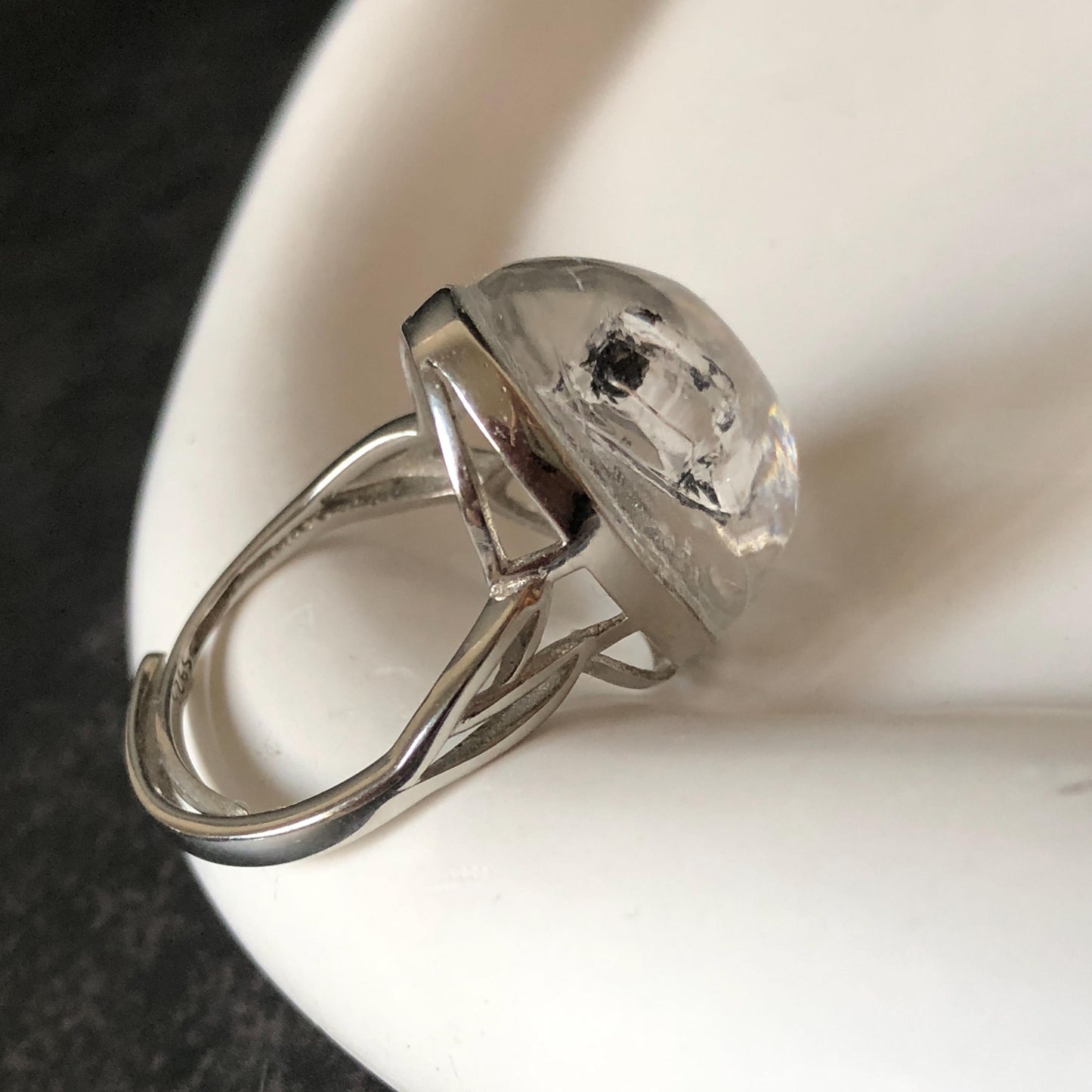 Rare Polished Enhydro Quartz (Herkimer Diamond) s925 Silver Adjustable Ring: Rainbow! Flowing Black Mica and Shifting Bubble Inclusion Crystal Statement Ring for Women ring crystal band ring cocktail ring crystal stackable ring 7 chakra crystal ring meditation crystal healing stone birthstone silver ring ring for men rainbow quartz inclusion quartz inclusion crystal minerals specimen silver ring free size ring adjustable ring holder rain quartz enhydro crystal inclusion crystal inclusion quartz