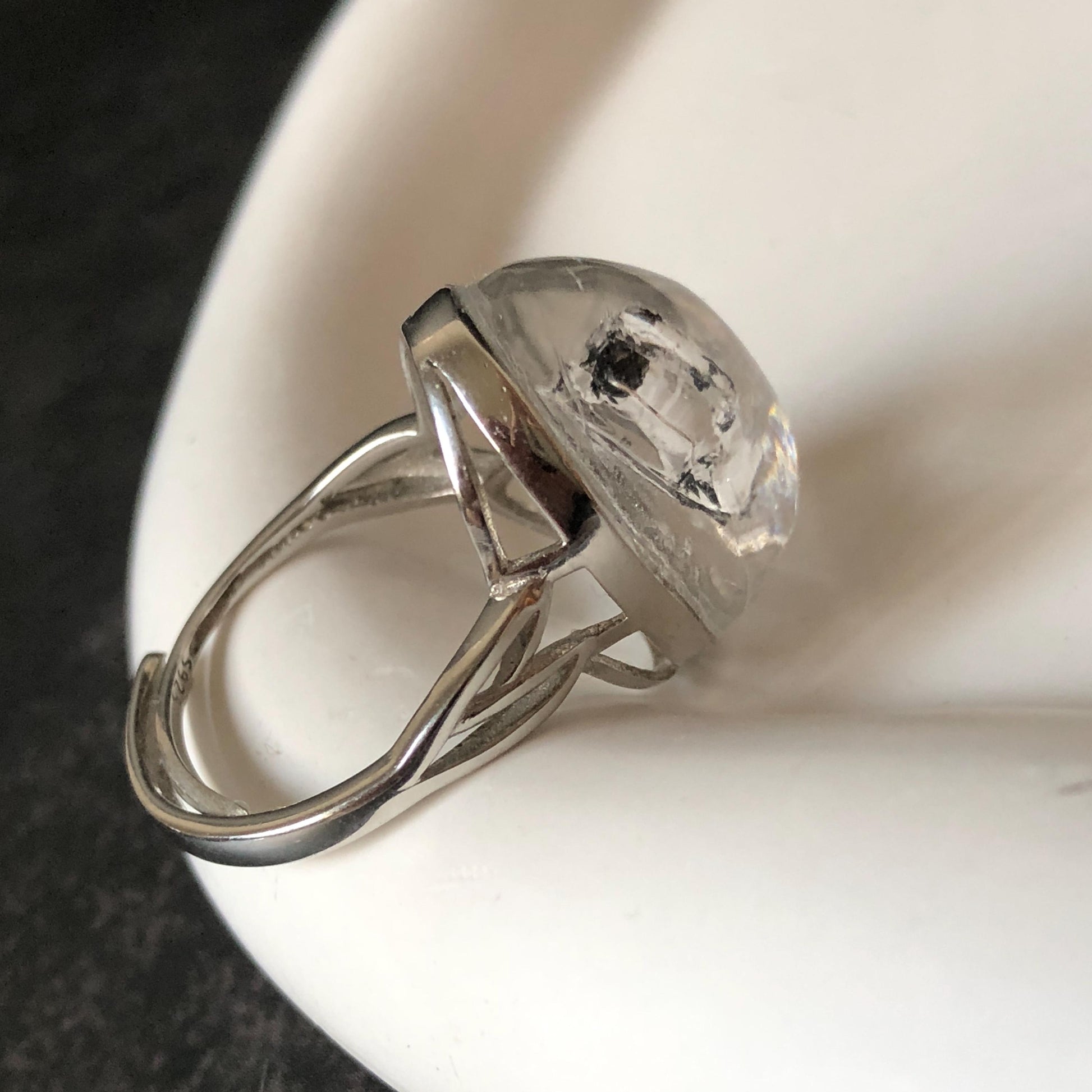 Rare Polished Enhydro Quartz (Herkimer Diamond) s925 Silver Adjustable Ring: Rainbow! Flowing Black Mica and Shifting Bubble Inclusion Crystal Statement Ring for Women ring crystal band ring cocktail ring crystal stackable ring 7 chakra crystal ring meditation crystal healing stone birthstone silver ring ring for men rainbow quartz inclusion quartz inclusion crystal minerals specimen silver ring free size ring adjustable ring holder rain quartz enhydro crystal inclusion crystal inclusion quartz