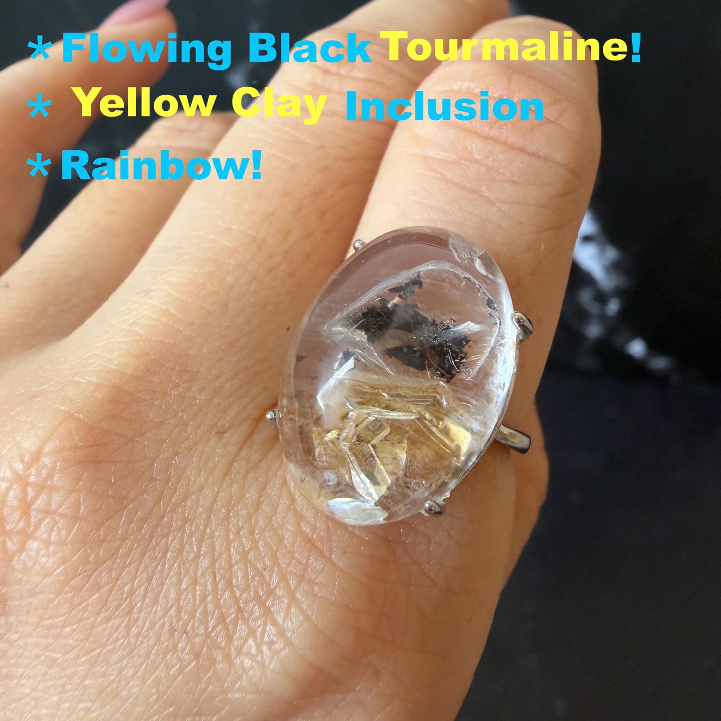 Rare Polished Enhydro Quartz (Herkimer Diamond) S925 Silver Adjustable Ring: Rainbow! Moving Black Tourmaline & Yellow Clay Inclusion Crystal Statement Ring for Women ring crystal band ring crystal cocktail ring crystal stackable ring 7 chakra crystal ring meditation crystal healing stone birthstone silver ring ring for men rainbow quartz minerals specimen inclusion quartz rainbow quartz inclusion quartz enhydro crystal sand inclusion bubble inclusion dirt inclusion bubble inclusion