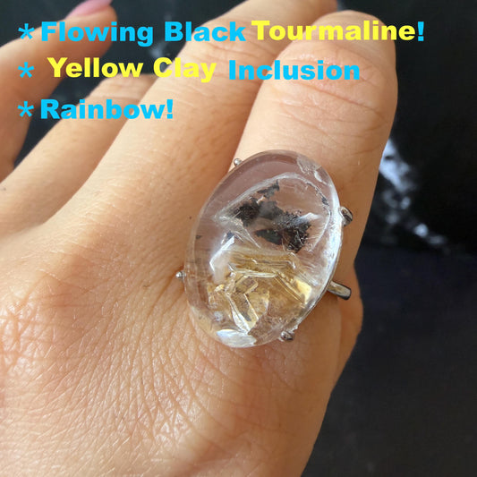 Rare Polished Enhydro Quartz (Herkimer Diamond) S925 Silver Adjustable Ring: Rainbow! Moving Black Tourmaline & Yellow Clay Inclusion Crystal Statement Ring for Women ring crystal band ring crystal cocktail ring crystal stackable ring 7 chakra crystal ring meditation crystal healing stone birthstone silver ring ring for men rainbow quartz minerals specimen inclusion quartz rainbow quartz inclusion quartz enhydro crystal sand inclusion bubble inclusion dirt inclusion bubble inclusion