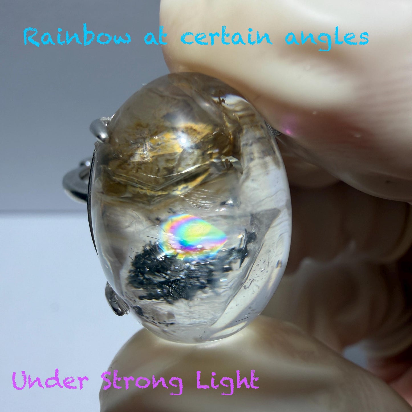 Rare Polished Enhydro Quartz (Herkimer Diamond) S925 Silver Adjustable Ring: Rainbow! Moving Black Tourmaline & Yellow Clay Inclusion Crystal Statement Ring for Women ring crystal band ring crystal cocktail ring crystal stackable ring 7 chakra crystal ring meditation crystal healing stone birthstone silver ring ring for men rainbow quartz minerals specimen inclusion quartz rainbow quartz inclusion quartz enhydro crystal sand inclusion bubble inclusion dirt inclusion bubble inclusion