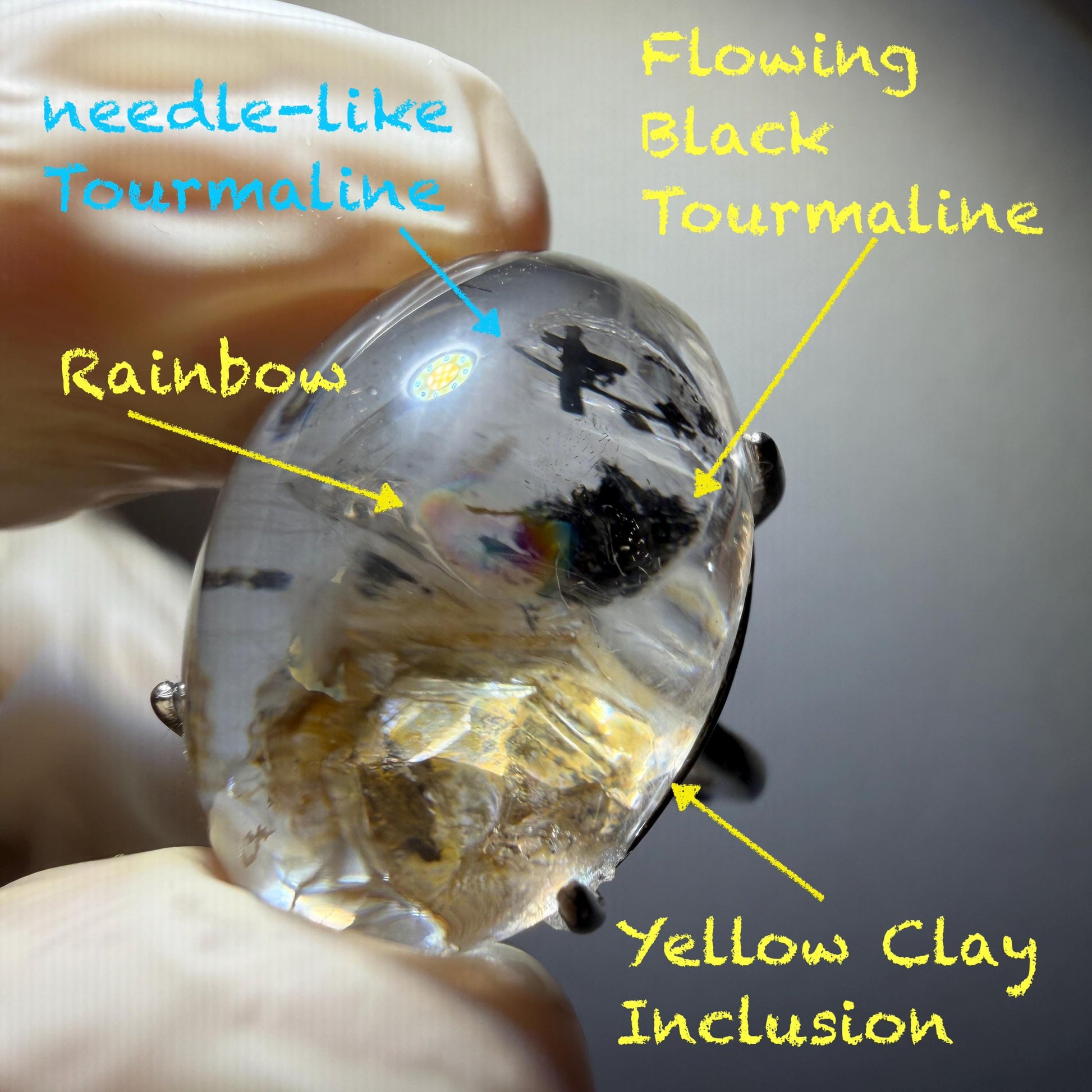 Rare Polished Enhydro Quartz (Herkimer Diamond) S925 Silver Adjustable Ring: Rainbow! Moving Black Tourmaline & Yellow Clay Inclusion Crystal Statement Ring for Women ring crystal band ring crystal cocktail ring crystal stackable ring 7 chakra crystal ring meditation crystal healing stone birthstone silver ring ring for men rainbow quartz minerals specimen inclusion quartz rainbow quartz inclusion quartz enhydro crystal sand inclusion bubble inclusion dirt inclusion bubble inclusion