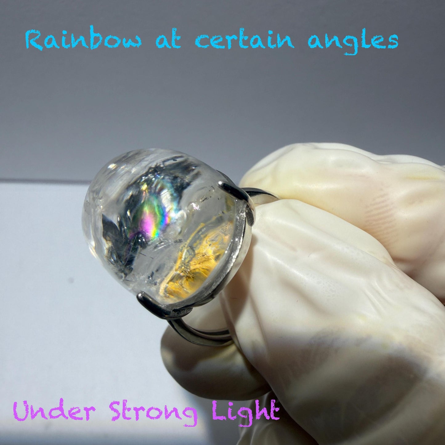 Rare Polished Enhydro Quartz (Herkimer Diamond) S925 Silver Adjustable Ring: Rainbow! Moving Black Tourmaline & Yellow Clay Inclusion Crystal Statement Ring for Women ring crystal band ring crystal cocktail ring crystal stackable ring 7 chakra crystal ring meditation crystal healing stone birthstone silver ring ring for men rainbow quartz minerals specimen inclusion quartz rainbow quartz inclusion quartz enhydro crystal sand inclusion bubble inclusion dirt inclusion bubble inclusion