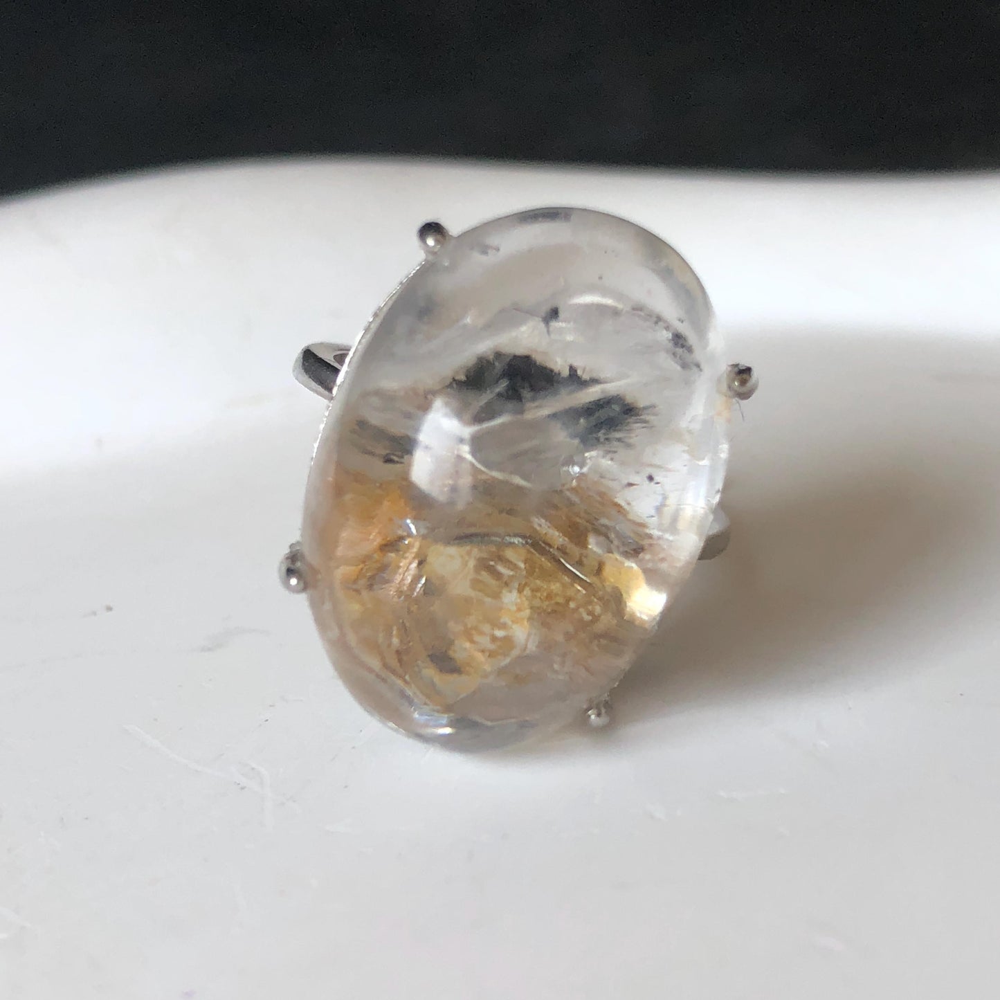 Rare Polished Enhydro Quartz (Herkimer Diamond) S925 Silver Adjustable Ring: Rainbow! Moving Black Tourmaline & Yellow Clay Inclusion Crystal Statement Ring for Women ring crystal band ring crystal cocktail ring crystal stackable ring 7 chakra crystal ring meditation crystal healing stone birthstone silver ring ring for men rainbow quartz minerals specimen inclusion quartz rainbow quartz inclusion quartz enhydro crystal sand inclusion bubble inclusion dirt inclusion bubble inclusion