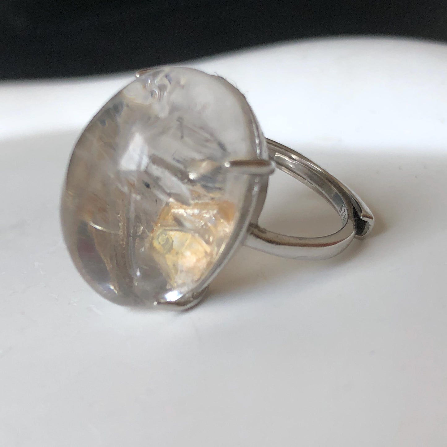 Rare Polished Enhydro Quartz (Herkimer Diamond) S925 Silver Adjustable Ring: Rainbow! Moving Black Tourmaline & Yellow Clay Inclusion Crystal Statement Ring for Women ring crystal band ring crystal cocktail ring crystal stackable ring 7 chakra crystal ring meditation crystal healing stone birthstone silver ring ring for men rainbow quartz minerals specimen inclusion quartz rainbow quartz inclusion quartz enhydro crystal sand inclusion bubble inclusion dirt inclusion bubble inclusion