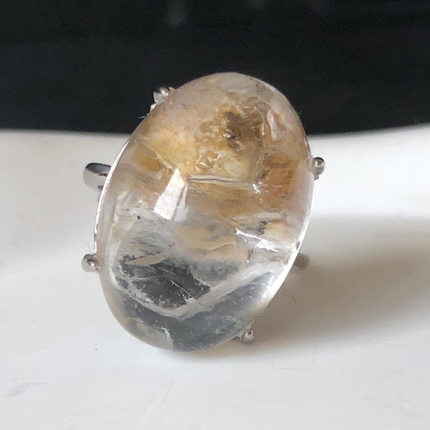 Rare Polished Enhydro Quartz (Herkimer Diamond) S925 Silver Adjustable Ring: Rainbow! Moving Black Tourmaline & Yellow Clay Inclusion Crystal Statement Ring for Women ring crystal band ring crystal cocktail ring crystal stackable ring 7 chakra crystal ring meditation crystal healing stone birthstone silver ring ring for men rainbow quartz minerals specimen inclusion quartz rainbow quartz inclusion quartz enhydro crystal sand inclusion bubble inclusion dirt inclusion bubble inclusion