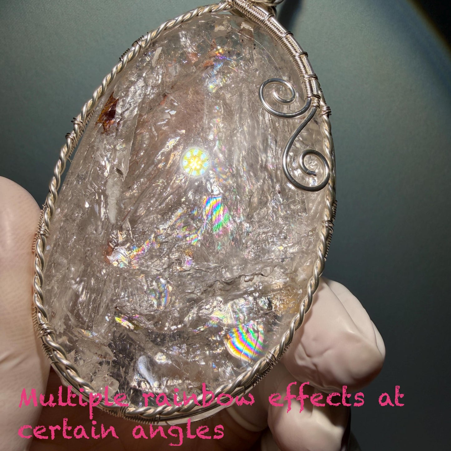 Rare Found! Polished Enhydro Quartz Wrapped Wire Pendant Adjustable Necklace: Rainbow Moving Dried Red Sand & Shifting Bubble Inclusion Crystal Palm Stone| Natural Gemstone Birthstone Gift for her enhydro quartz sand water-fall pendant necklace choker gemstone charm stone pendant choker polished stone pendant crystal charm birthstone men necklace chakra crystal minerals specimen silver wire wrapped pendant inclusion crystal inclusion crystal sediment stone dirt inclusion rainbow quartz