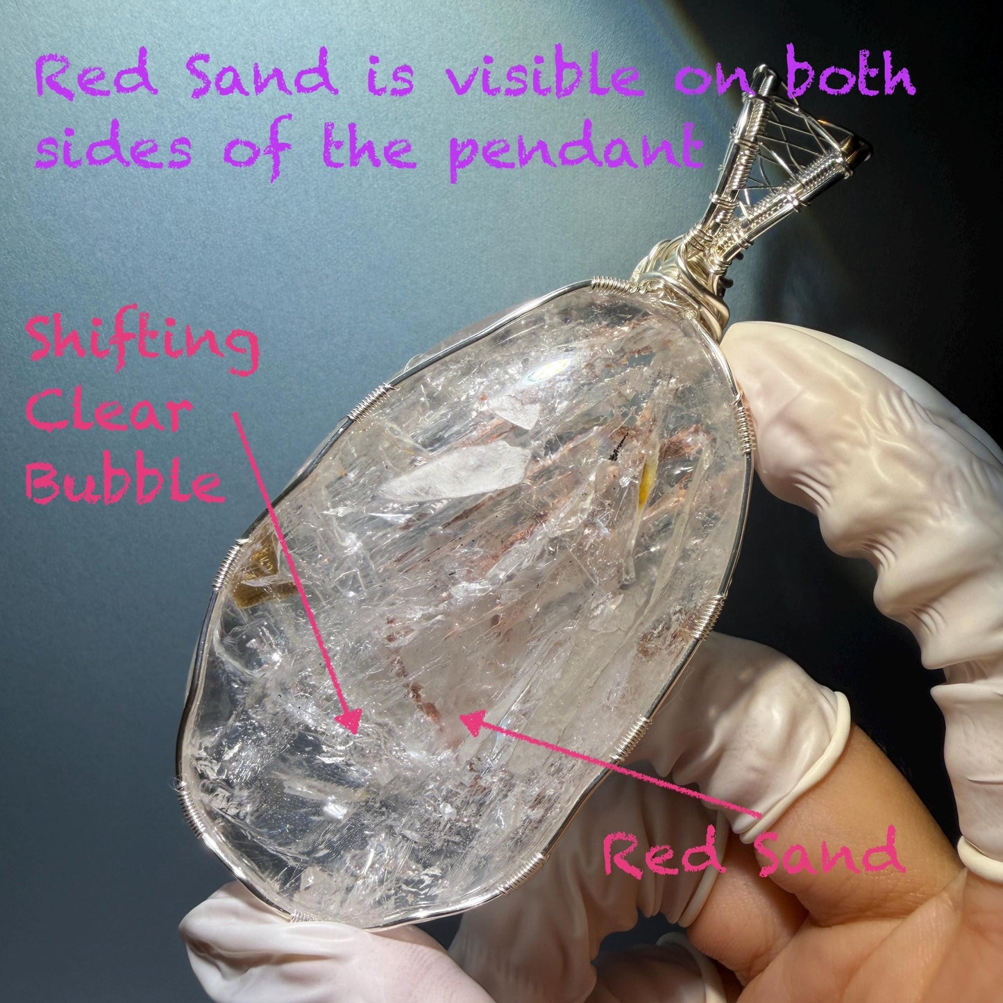 Rare Found Polished Enhydro Quartz Pendant Adjustable Necklace: Rainbow Moving Dried Red Sand & Shifting Bubble Inclusion Crystal Palm Stone