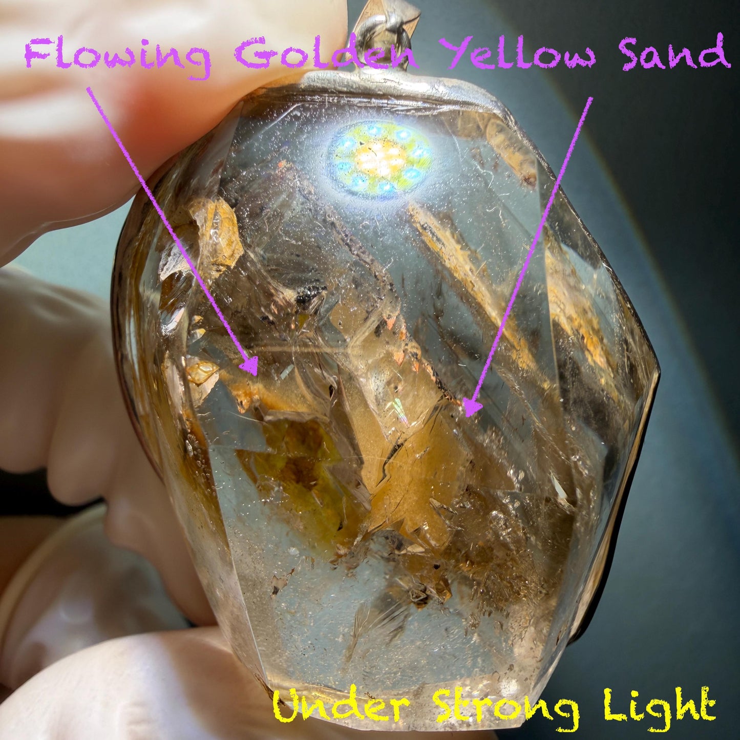Ultra Rare! Polished Enhydro Skeleton Quartz Silver Pendant Necklace: Moving Golden Yellow & Black Sand with Big Bubble Inclusion Crystal