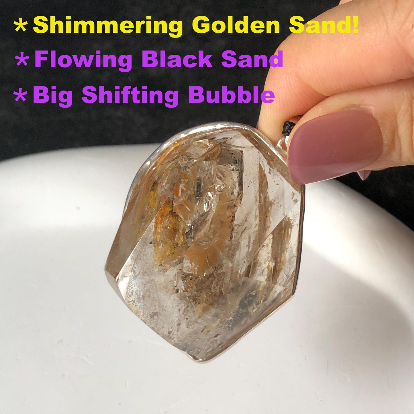 Ultra Rare! Polished Enhydro Skeleton Quartz Silver Pendant Necklace: Moving Golden Yellow & Black Sand with Big Bubble Inclusion Crystal