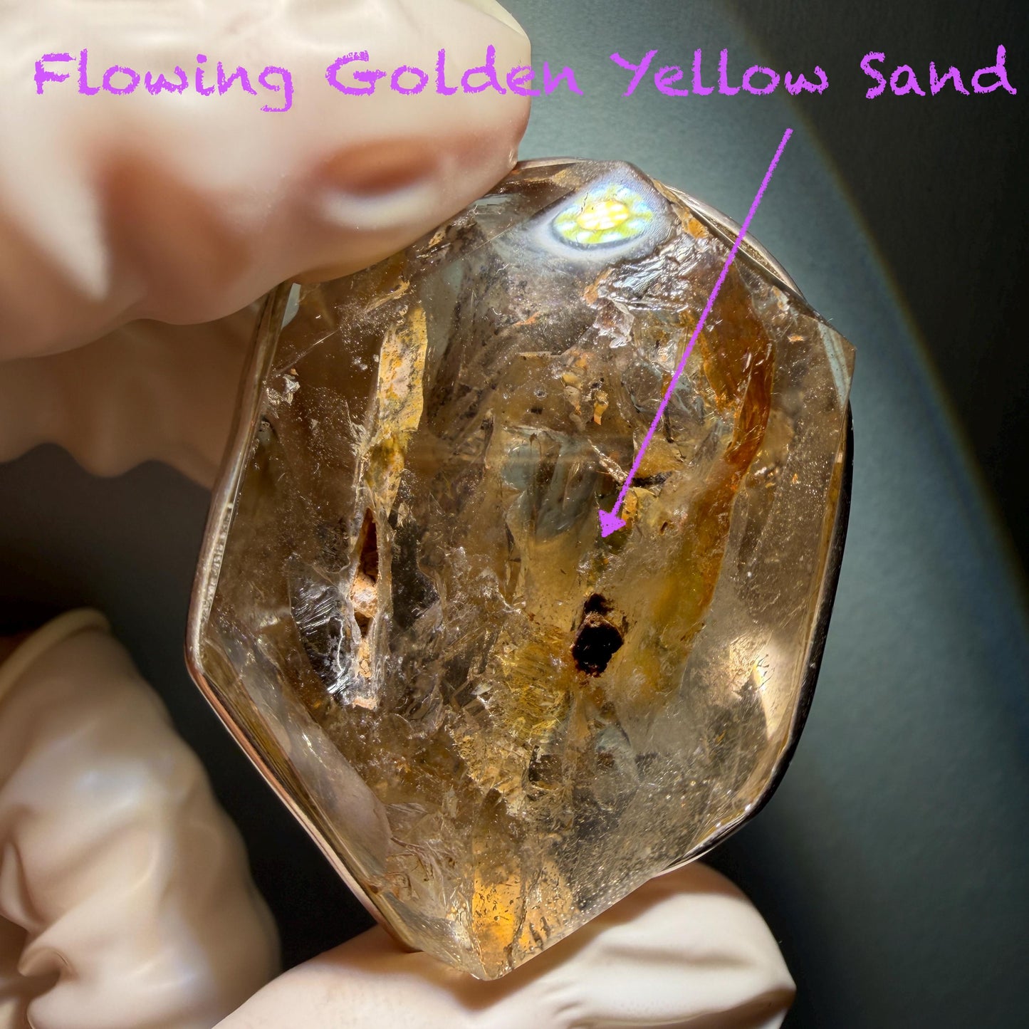 Ultra Rare! Polished Enhydro Skeleton Quartz Silver Pendant Necklace: Moving Golden Yellow & Black Sand with Big Bubble Inclusion Crystal