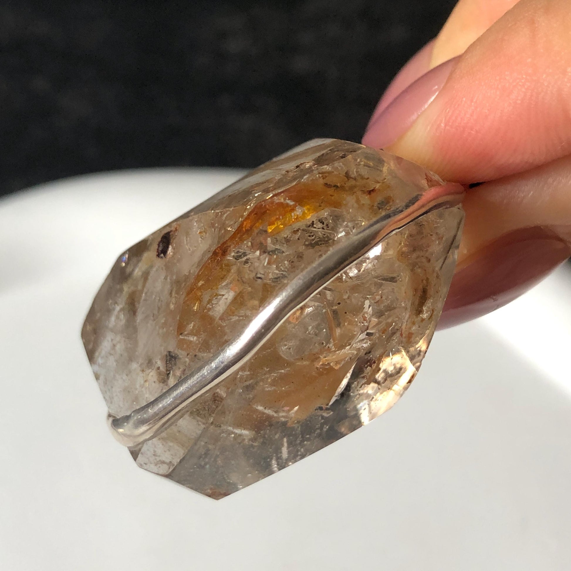 Ultra Rare! Polished Enhydro Skeleton Quartz Silver Pendant Necklace: Moving Golden Yellow & Black Sand with Big Bubble Inclusion Crystal