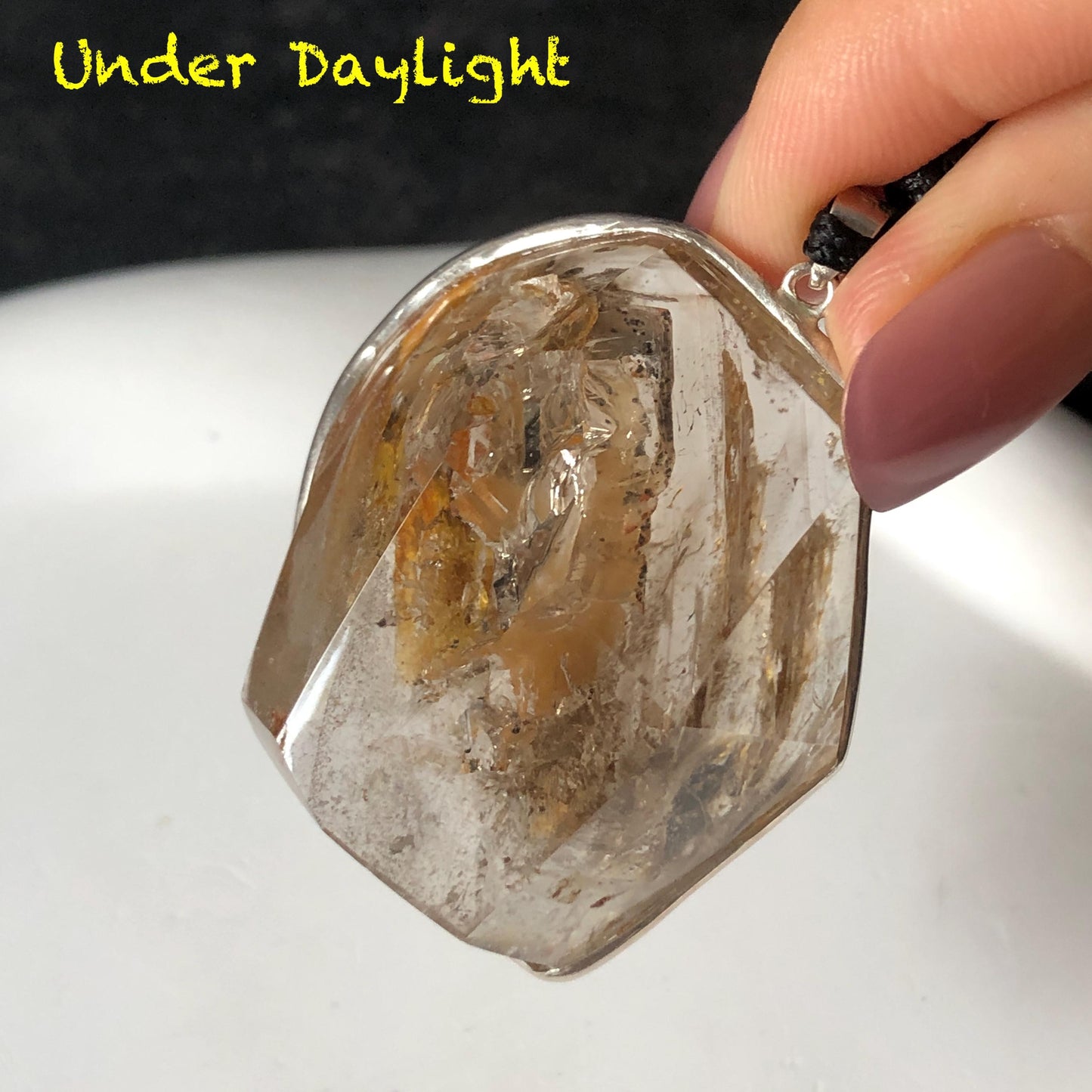 Ultra Rare! Polished Enhydro Skeleton Quartz Silver Pendant Necklace: Moving Golden Yellow & Black Sand with Big Bubble Inclusion Crystal