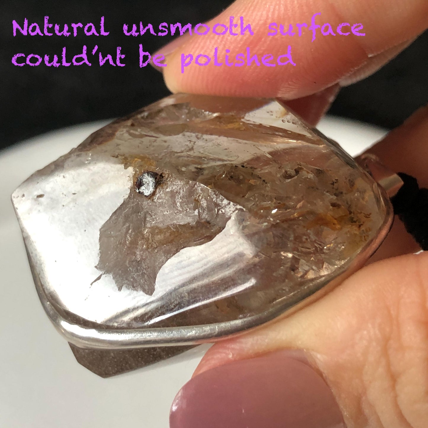 Ultra Rare! Polished Enhydro Skeleton Quartz Silver Pendant Necklace: Moving Golden Yellow & Black Sand with Big Bubble Inclusion Crystal