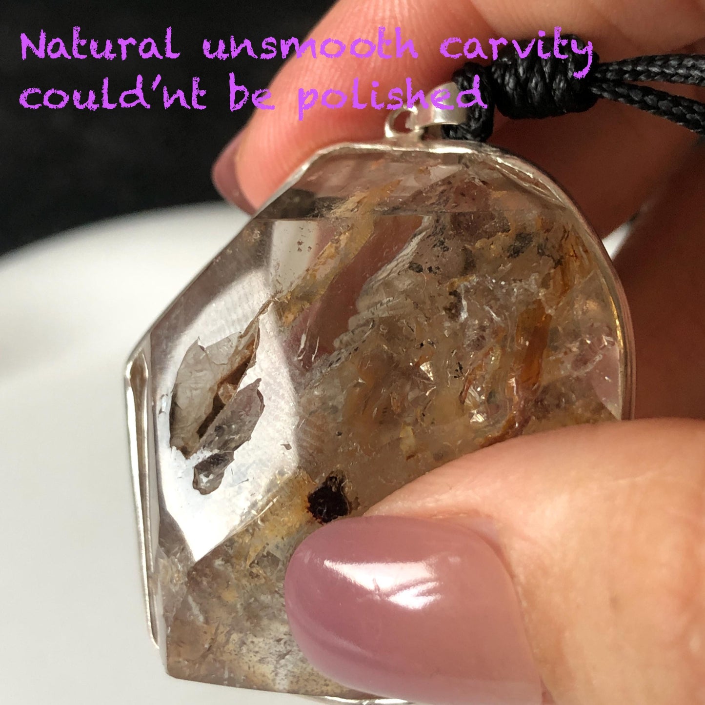 Ultra Rare! Polished Enhydro Skeleton Quartz Silver Pendant Necklace: Moving Golden Yellow & Black Sand with Big Bubble Inclusion Crystal