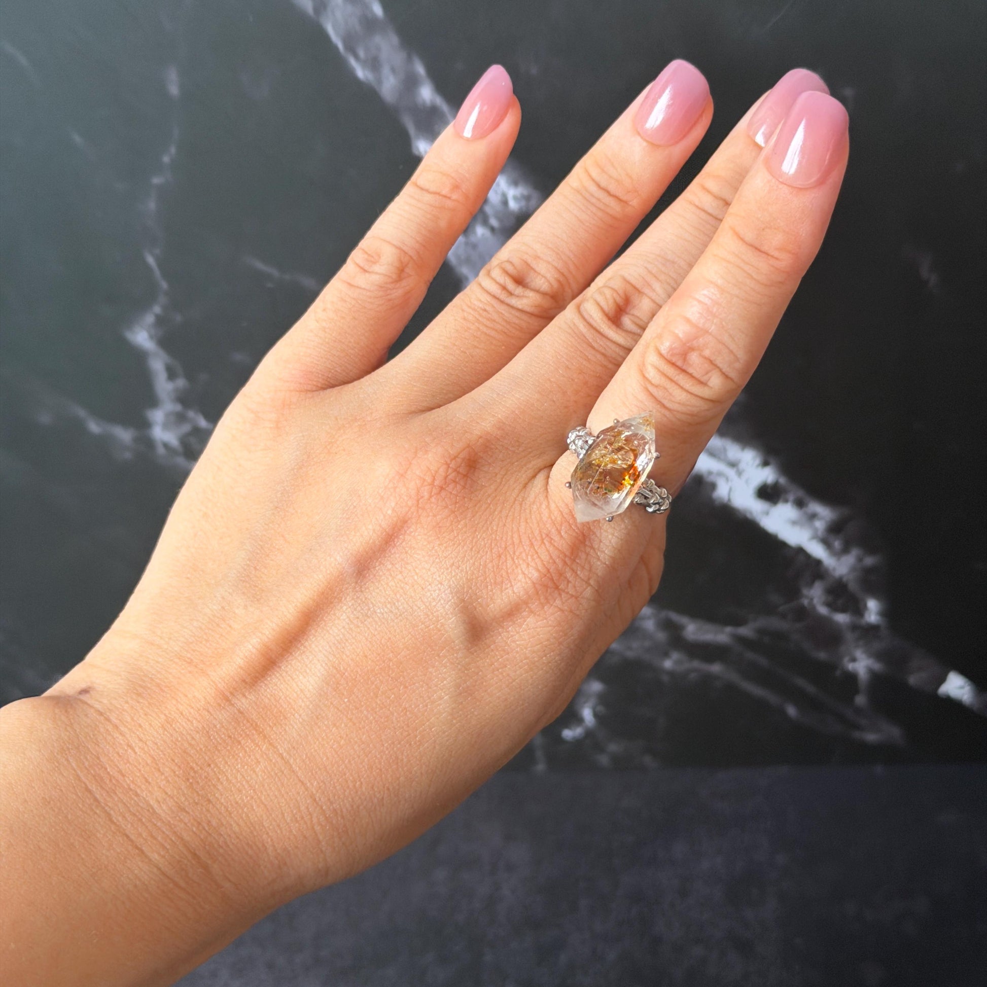 Polished Petroleum Enhydro Quartz S925 Silver Adjustable Ring: Moving Sand & Clear Bubble in Golden Red Petroleum Oil Inclusion | Natural Gemstone Birthstone Gift for her golden red oil enhydro quartz cocktail ring for women bold ring for men meditation rock healing stone chakra crystal big size ring crystal band ring herkimer diamond silver ring stackable ring women statement ring minerals specimen inclusion quartz inclusion crystal