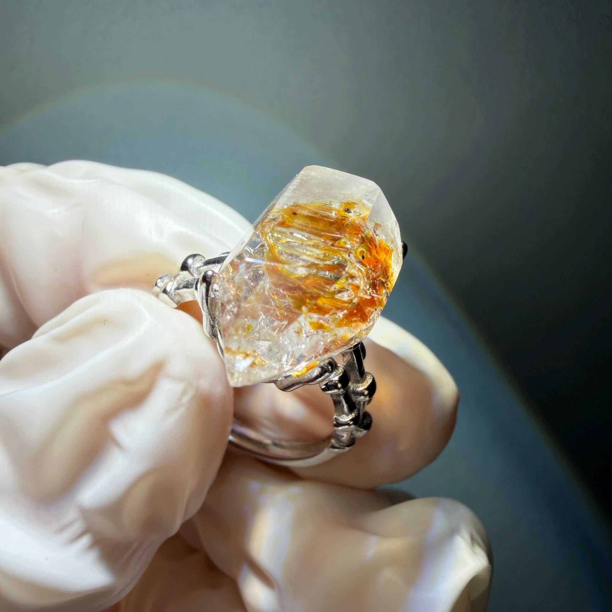 Polished Petroleum Enhydro Quartz S925 Silver Adjustable Ring: Moving Sand & Clear Bubble in Golden Red Petroleum Oil Inclusion | Natural Gemstone Birthstone Gift for her golden red oil enhydro quartz cocktail ring for women bold ring for men meditation rock healing stone chakra crystal big size ring crystal band ring herkimer diamond silver ring stackable ring women statement ring minerals specimen inclusion quartz inclusion crystal