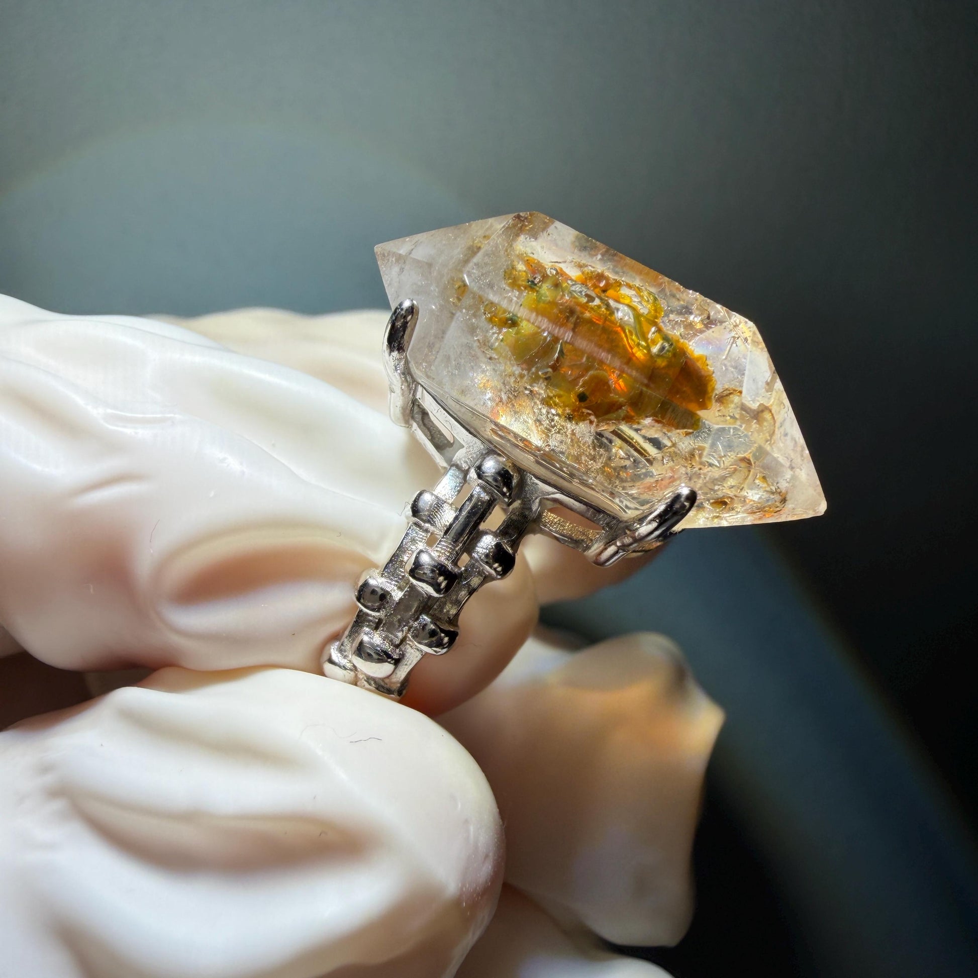 Polished Petroleum Enhydro Quartz S925 Silver Adjustable Ring: Moving Sand & Clear Bubble in Golden Red Petroleum Oil Inclusion | Natural Gemstone Birthstone Gift for her golden red oil enhydro quartz cocktail ring for women bold ring for men meditation rock healing stone chakra crystal big size ring crystal band ring herkimer diamond silver ring stackable ring women statement ring minerals specimen inclusion quartz inclusion crystal