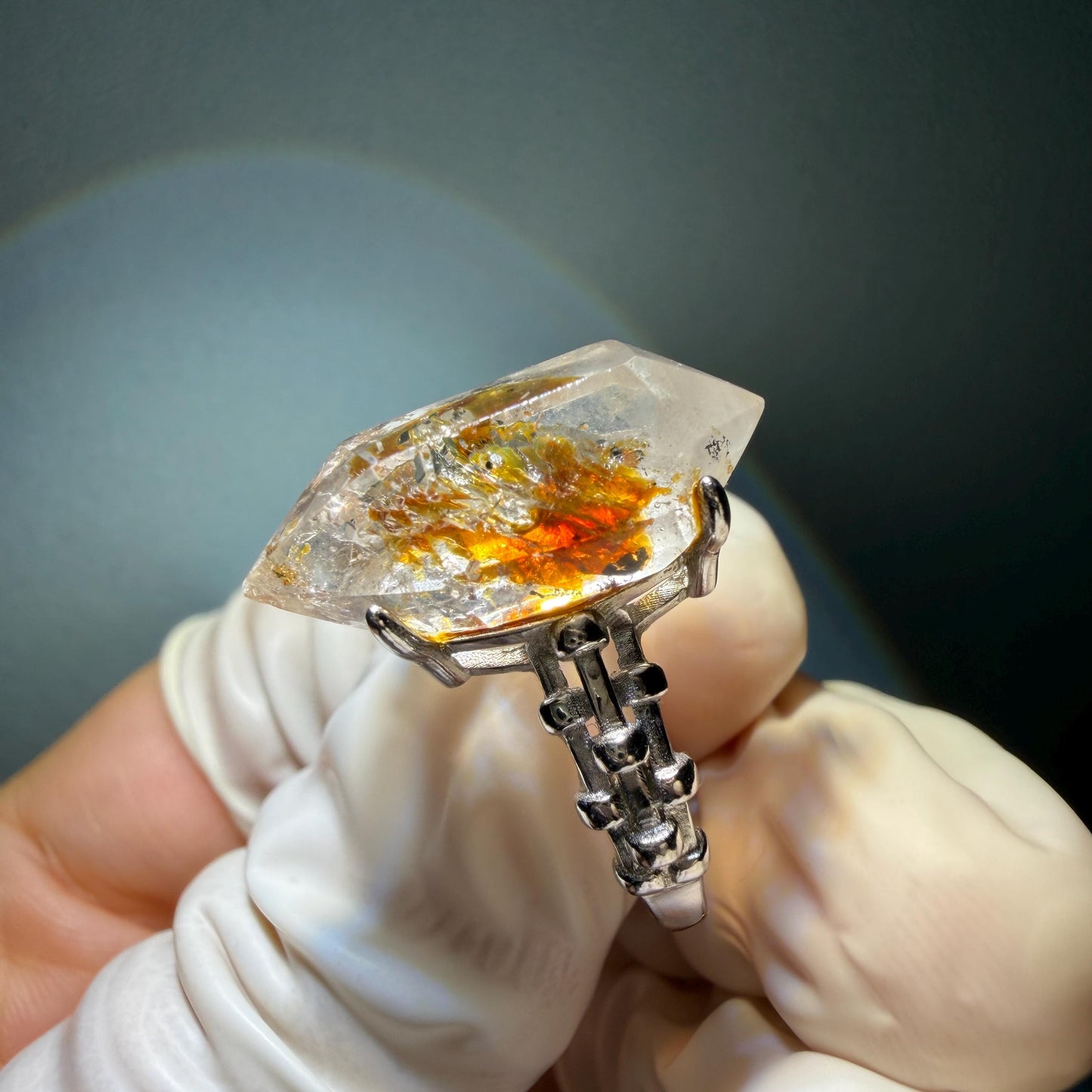 Polished Petroleum Enhydro Quartz S925 Silver Adjustable Ring: Moving Sand & Clear Bubble in Golden Red Petroleum Oil Inclusion | Natural Gemstone Birthstone Gift for her golden red oil enhydro quartz cocktail ring for women bold ring for men meditation rock healing stone chakra crystal big size ring crystal band ring herkimer diamond silver ring stackable ring women statement ring minerals specimen inclusion quartz inclusion crystal
