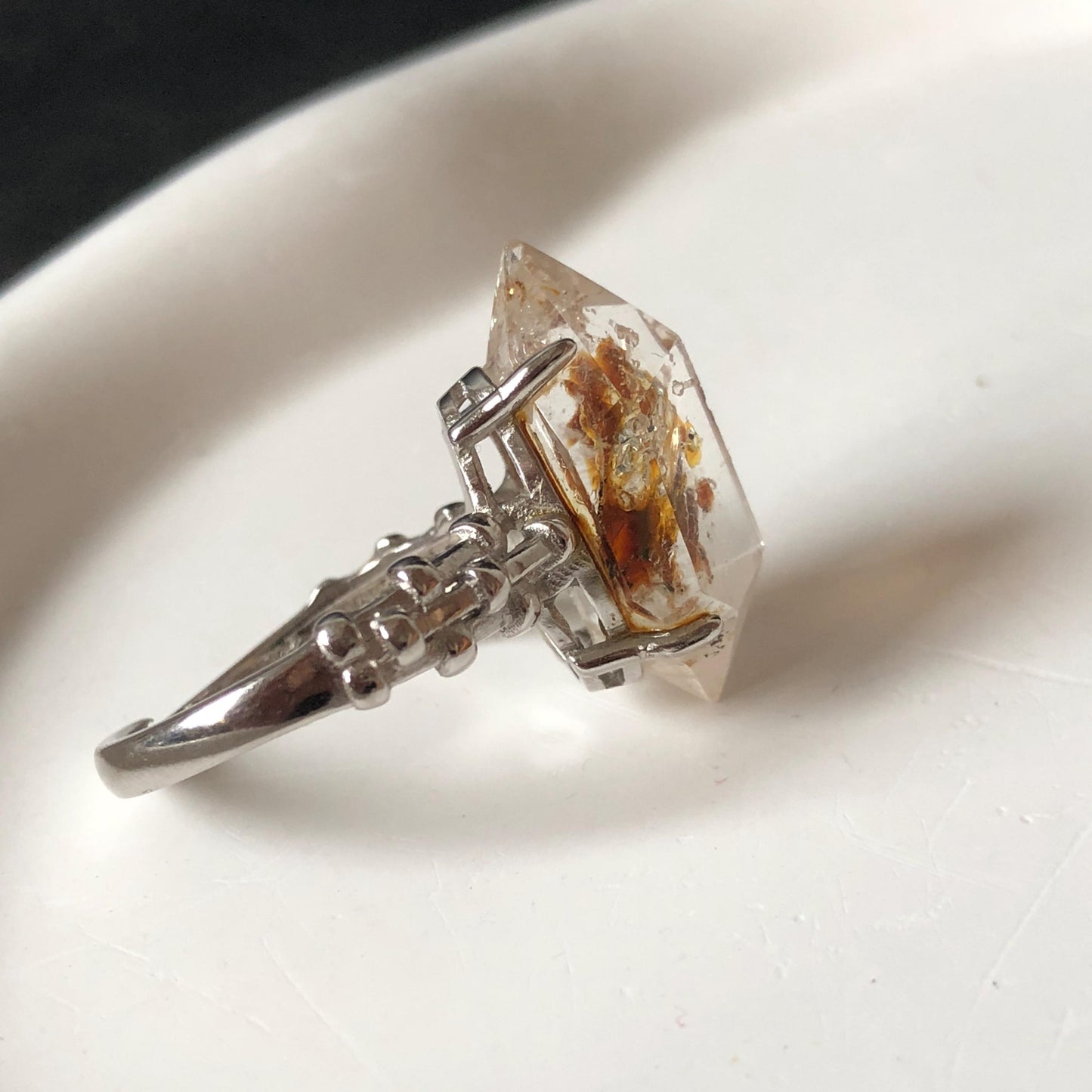 Polished Petroleum Enhydro Quartz S925 Silver Adjustable Ring: Moving Sand & Clear Bubble in Golden Red Petroleum Oil Inclusion | Natural Gemstone Birthstone Gift for her golden red oil enhydro quartz cocktail ring for women bold ring for men meditation rock healing stone chakra crystal big size ring crystal band ring herkimer diamond silver ring stackable ring women statement ring minerals specimen inclusion quartz inclusion crystal