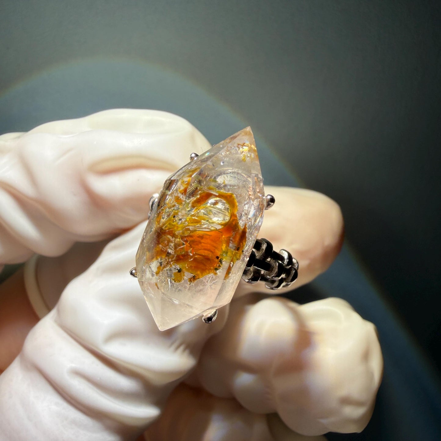 Polished Petroleum Enhydro Quartz S925 Silver Adjustable Statement Ring: Moving Sand & Clear Bubble in Golden Red Petroleum Oil Inclusion