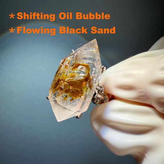 Polished Petroleum Enhydro Quartz S925 Silver Adjustable Statement Ring: Moving Sand & Clear Bubble in Golden Red Petroleum Oil Inclusion