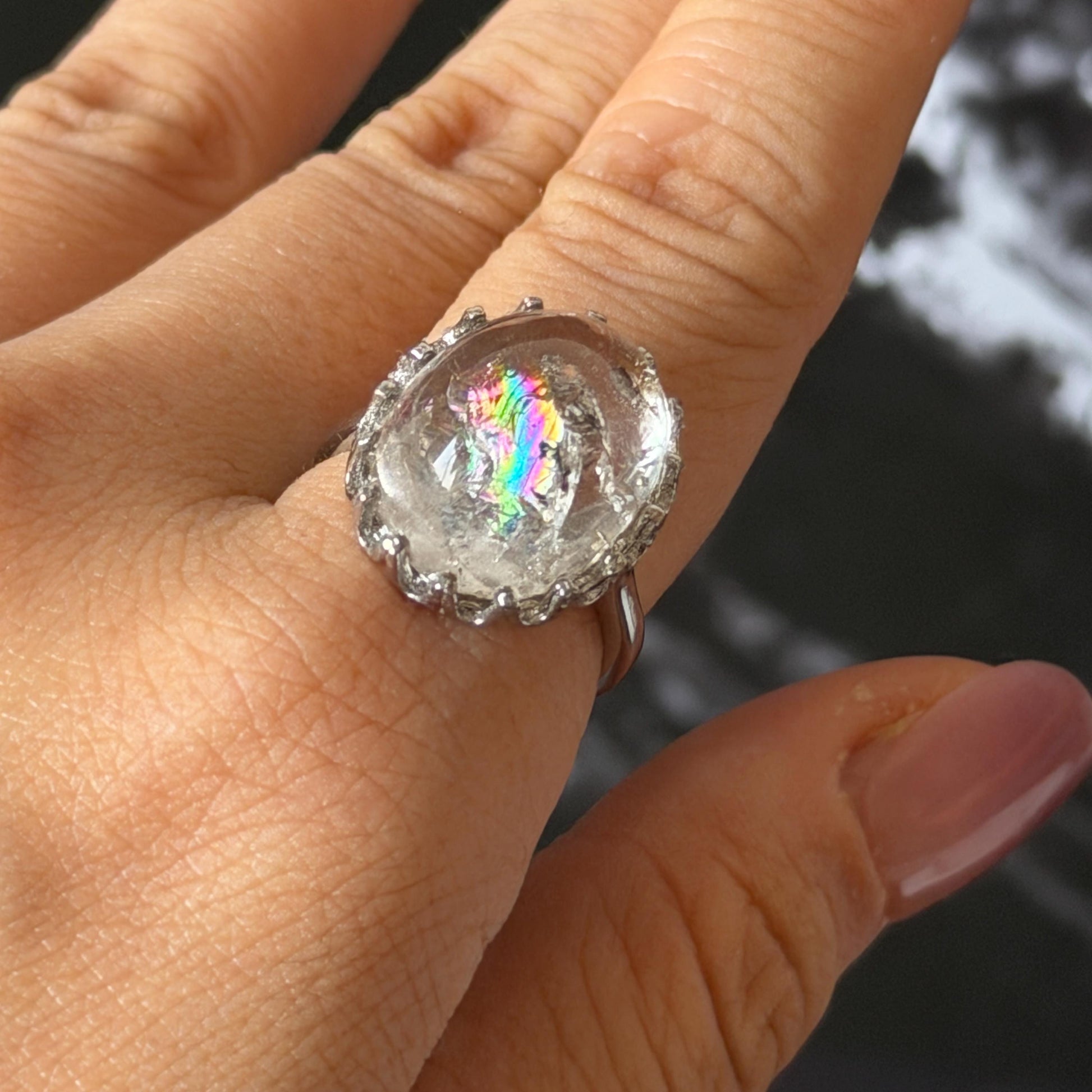 Rare Polished Enhydro Quartz (Herkimer Diamond) s925 Silver Adjustable Ring: Big Rainbow! Flowing Black Sand Inclusion Crystal Statement Ring for Women ring crystal band ring cocktail ring crystal stackable ring 7 chakra crystal ring meditation crystal healing stone birthstone silver ring ring for men rainbow quartz inclusion quartz inclusion crystal minerals specimen silver ring free size ring adjustable ring holder rain quartz enhydro crystal inclusion crystal inclusion quartz sand inclusion