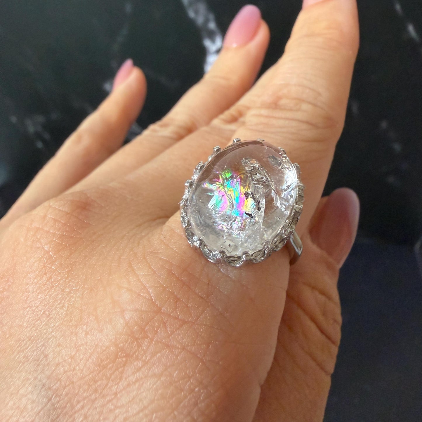 Rare Polished Enhydro Quartz (Herkimer Diamond) s925 Silver Adjustable Ring: Big Rainbow! Flowing Black Sand Inclusion Crystal Statement Ring for Women ring crystal band ring cocktail ring crystal stackable ring 7 chakra crystal ring meditation crystal healing stone birthstone silver ring ring for men rainbow quartz inclusion quartz inclusion crystal minerals specimen silver ring free size ring adjustable ring holder rain quartz enhydro crystal inclusion crystal inclusion quartz sand inclusion