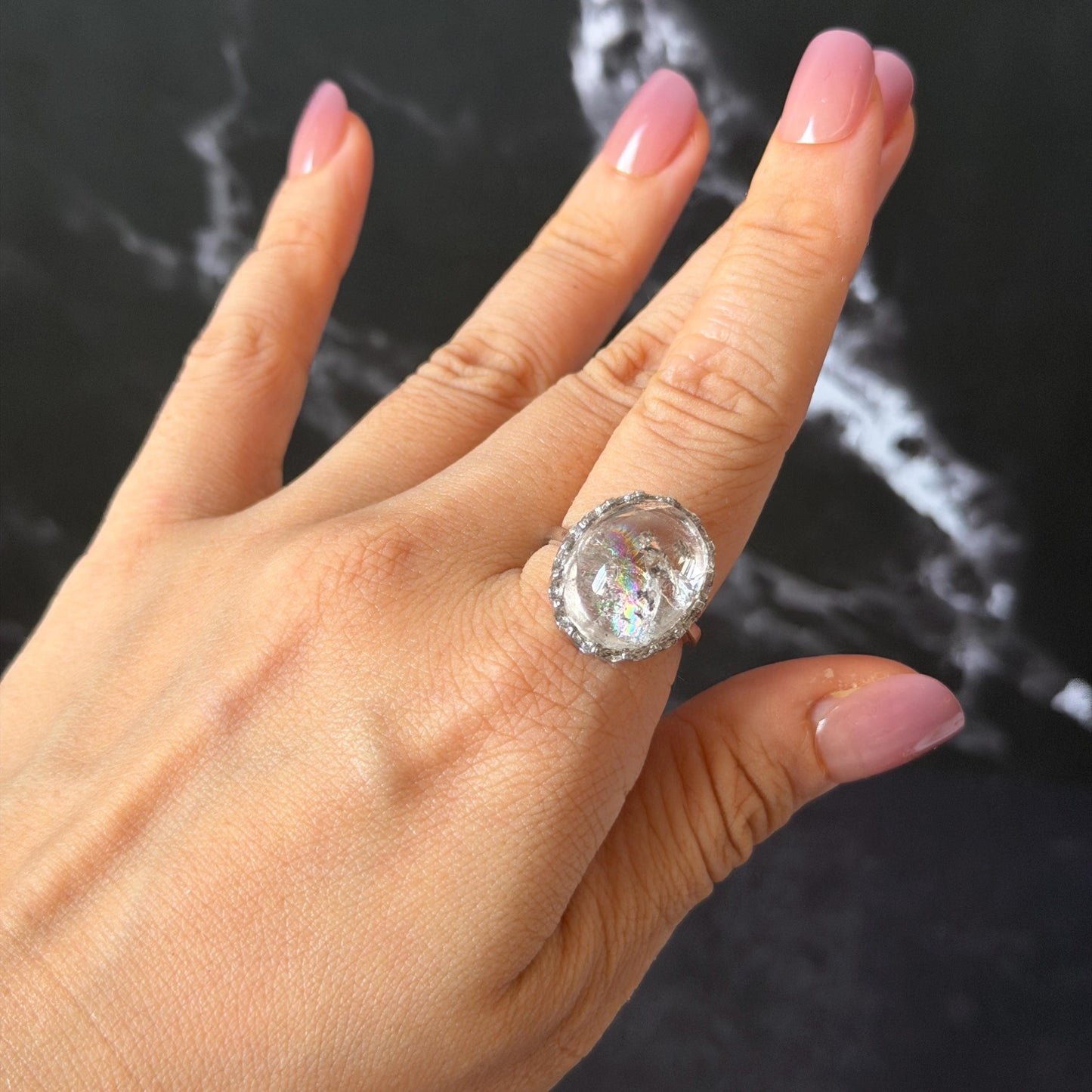 Rare Polished Enhydro Quartz (Herkimer Diamond) s925 Silver Adjustable Ring: Big Rainbow! Flowing Black Sand Inclusion Crystal Statement Ring for Women ring crystal band ring cocktail ring crystal stackable ring 7 chakra crystal ring meditation crystal healing stone birthstone silver ring ring for men rainbow quartz inclusion quartz inclusion crystal minerals specimen silver ring free size ring adjustable ring holder rain quartz enhydro crystal inclusion crystal inclusion quartz sand inclusion