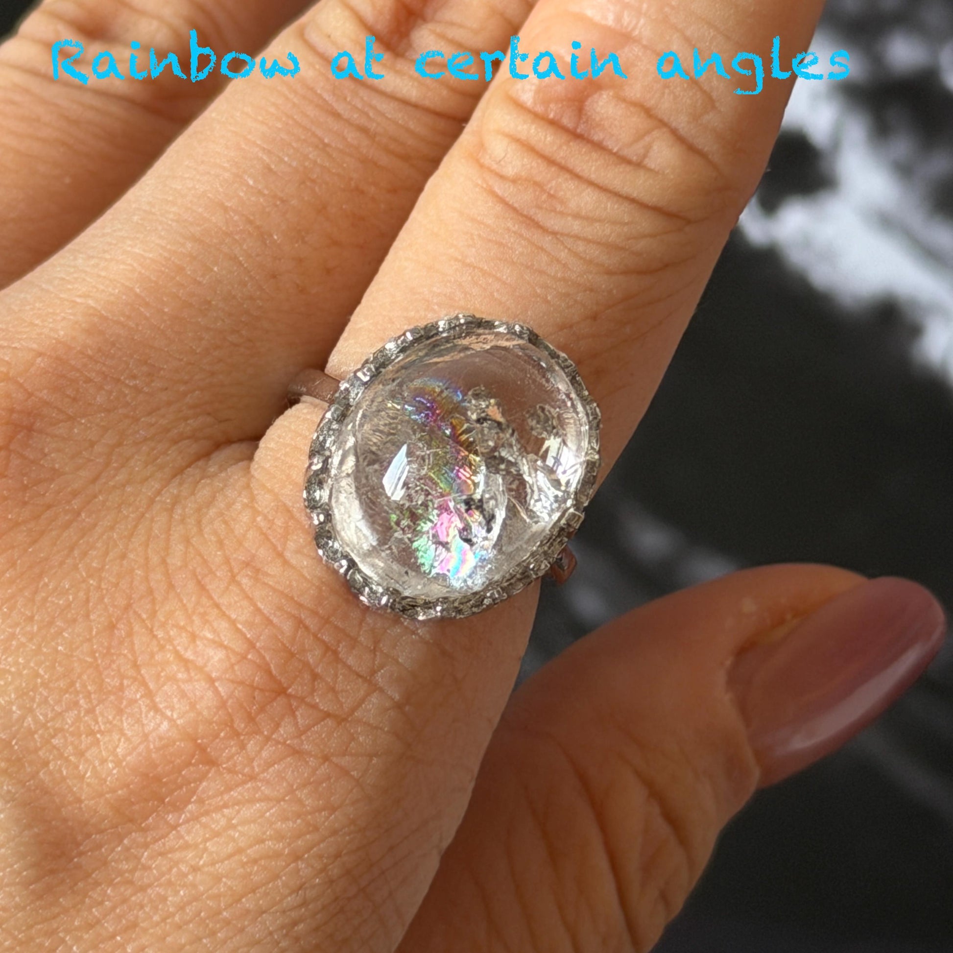 Rare Polished Enhydro Quartz (Herkimer Diamond) s925 Silver Adjustable Ring: Big Rainbow! Flowing Black Sand Inclusion Crystal Statement Ring for Women ring crystal band ring cocktail ring crystal stackable ring 7 chakra crystal ring meditation crystal healing stone birthstone silver ring ring for men rainbow quartz inclusion quartz inclusion crystal minerals specimen silver ring free size ring adjustable ring holder rain quartz enhydro crystal inclusion crystal inclusion quartz sand inclusion