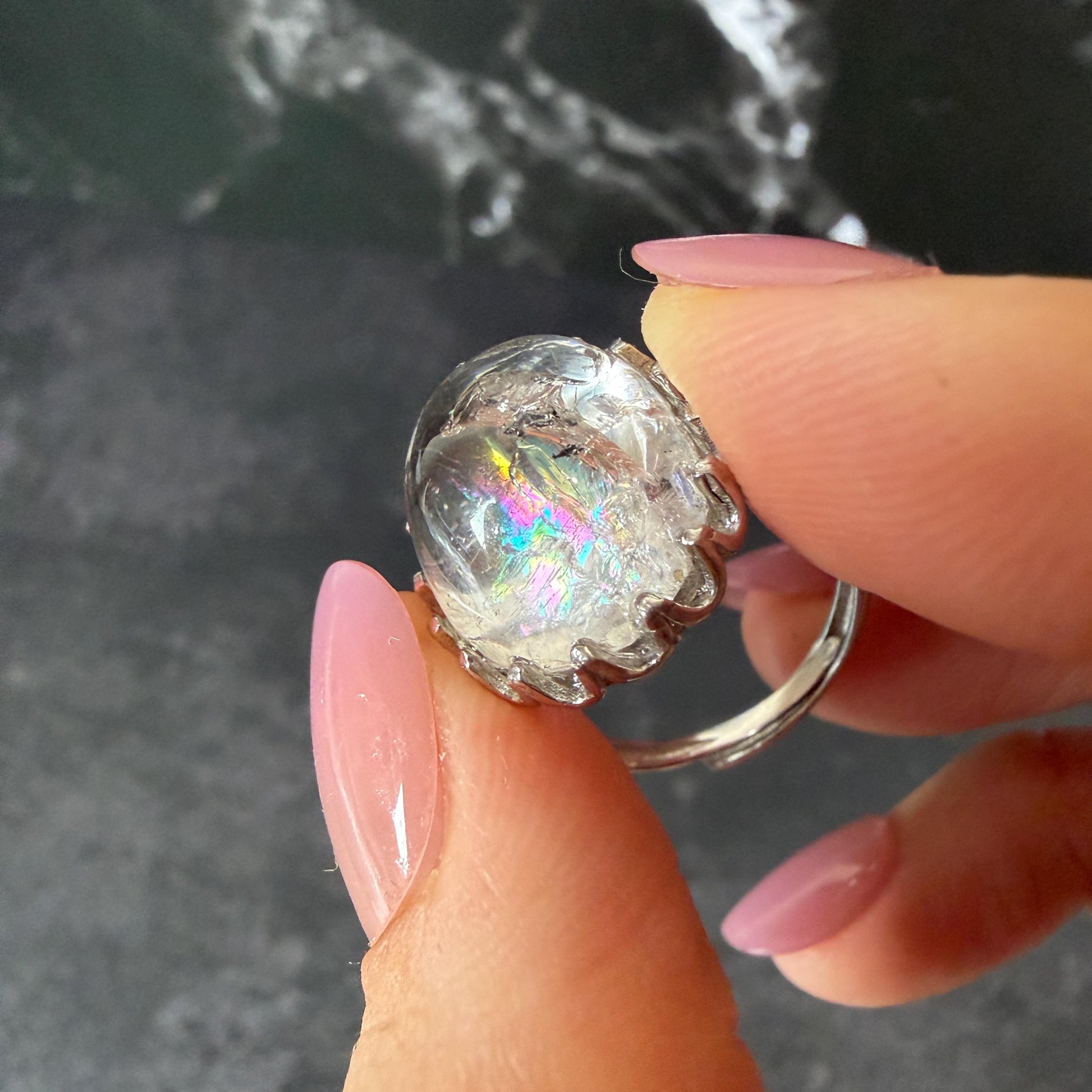 Rare Polished Enhydro Quartz (Herkimer Diamond) s925 Silver Adjustable Ring: Big Rainbow! Flowing Black Sand Inclusion Crystal Statement Ring for Women ring crystal band ring cocktail ring crystal stackable ring 7 chakra crystal ring meditation crystal healing stone birthstone silver ring ring for men rainbow quartz inclusion quartz inclusion crystal minerals specimen silver ring free size ring adjustable ring holder rain quartz enhydro crystal inclusion crystal inclusion quartz sand inclusion