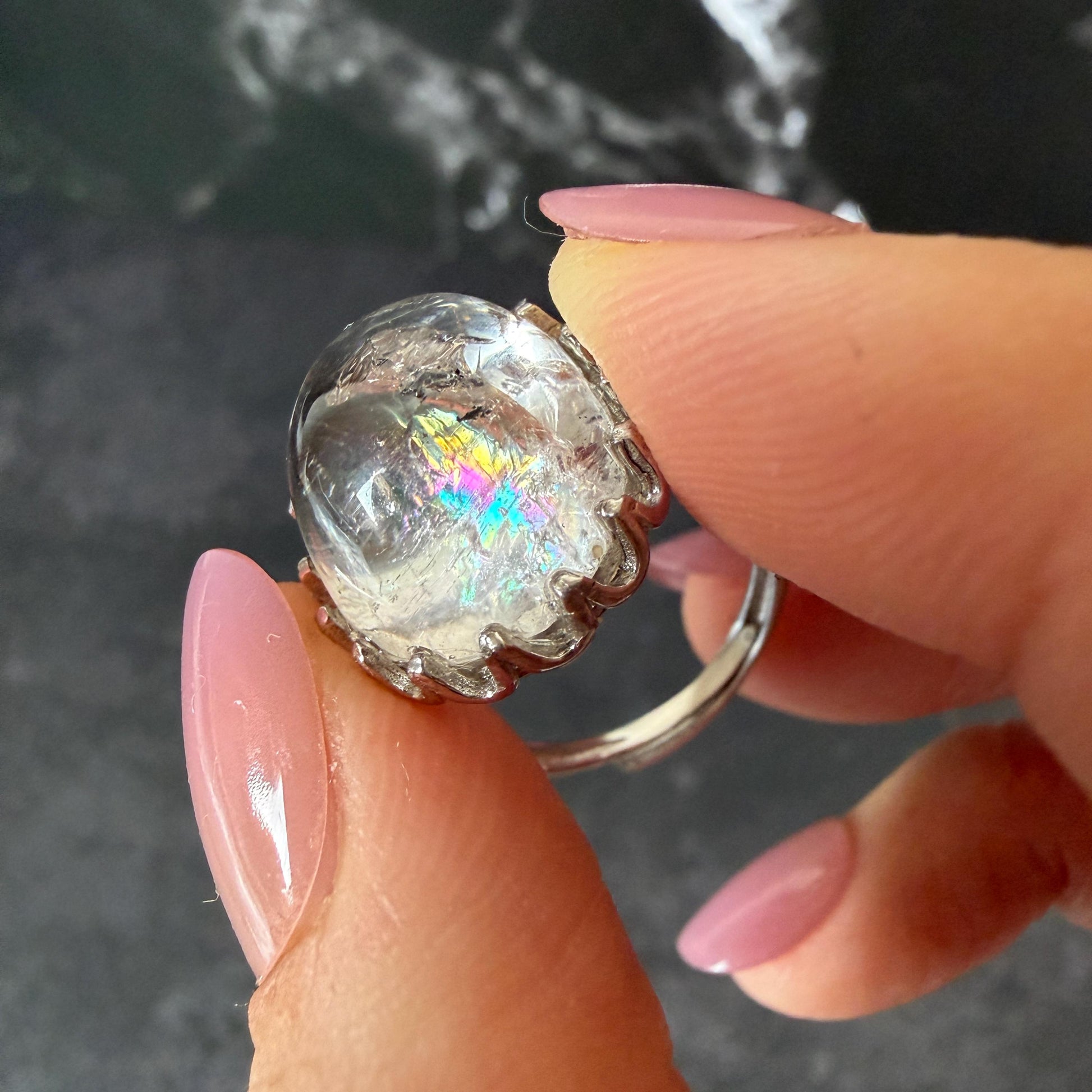 Rare Polished Enhydro Quartz (Herkimer Diamond) s925 Silver Adjustable Ring: Big Rainbow! Flowing Black Sand Inclusion Crystal Statement Ring for Women ring crystal band ring cocktail ring crystal stackable ring 7 chakra crystal ring meditation crystal healing stone birthstone silver ring ring for men rainbow quartz inclusion quartz inclusion crystal minerals specimen silver ring free size ring adjustable ring holder rain quartz enhydro crystal inclusion crystal inclusion quartz sand inclusion