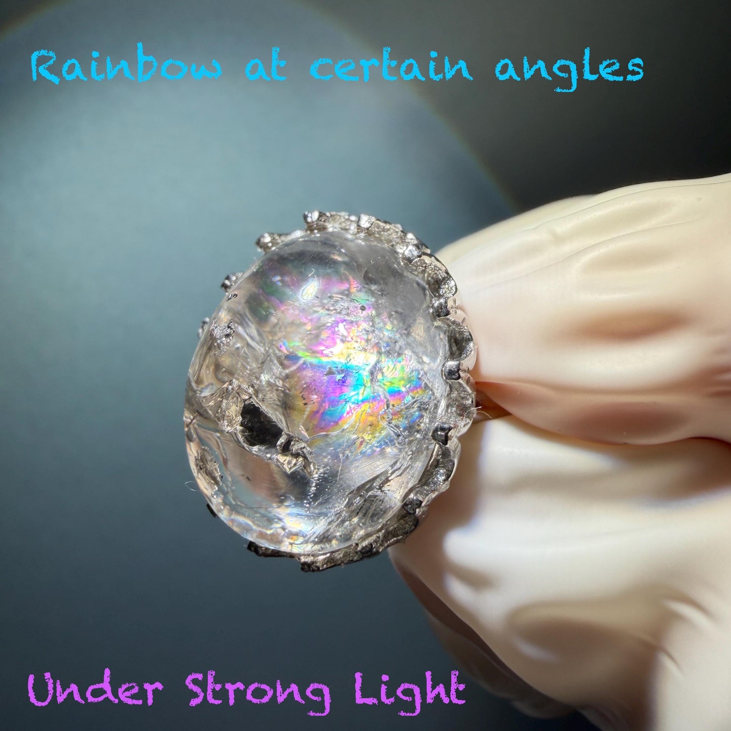 Rare Polished Enhydro Quartz (Herkimer Diamond) s925 Silver Adjustable Ring: Big Rainbow! Flowing Black Sand Inclusion Crystal Statement Ring for Women ring crystal band ring cocktail ring crystal stackable ring 7 chakra crystal ring meditation crystal healing stone birthstone silver ring ring for men rainbow quartz inclusion quartz inclusion crystal minerals specimen silver ring free size ring adjustable ring holder rain quartz enhydro crystal inclusion crystal inclusion quartz sand inclusion