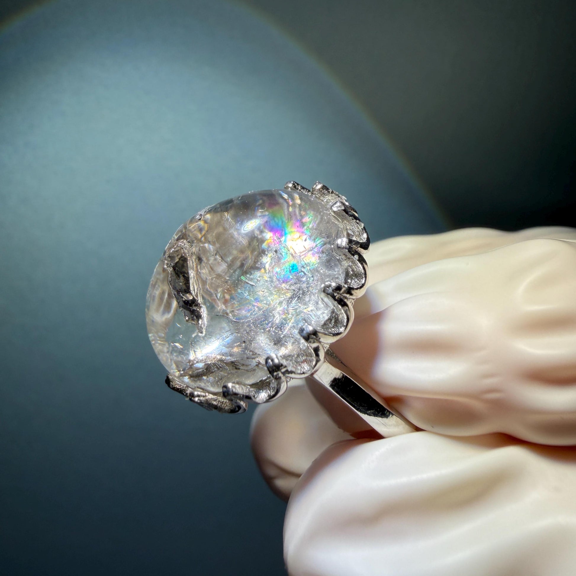 Rare Polished Enhydro Quartz (Herkimer Diamond) s925 Silver Adjustable Ring: Big Rainbow! Flowing Black Sand Inclusion Crystal Statement Ring for Women ring crystal band ring cocktail ring crystal stackable ring 7 chakra crystal ring meditation crystal healing stone birthstone silver ring ring for men rainbow quartz inclusion quartz inclusion crystal minerals specimen silver ring free size ring adjustable ring holder rain quartz enhydro crystal inclusion crystal inclusion quartz sand inclusion
