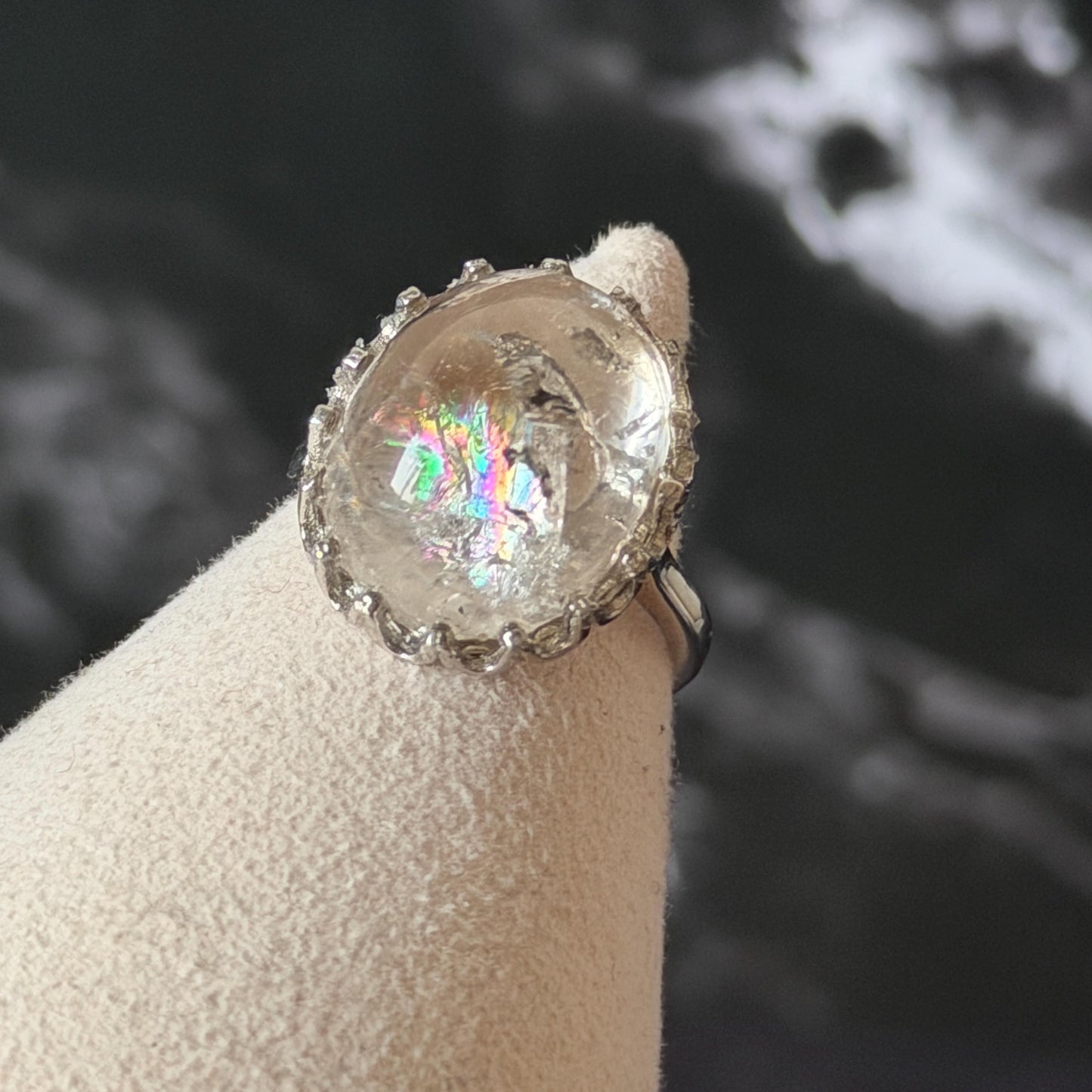 Rare Polished Enhydro Quartz (Herkimer Diamond) s925 Silver Adjustable Ring: Big Rainbow! Flowing Black Sand Inclusion Crystal Statement Ring for Women ring crystal band ring cocktail ring crystal stackable ring 7 chakra crystal ring meditation crystal healing stone birthstone silver ring ring for men rainbow quartz inclusion quartz inclusion crystal minerals specimen silver ring free size ring adjustable ring holder rain quartz enhydro crystal inclusion crystal inclusion quartz sand inclusion