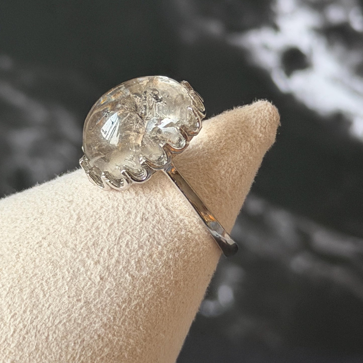 Rare Polished Enhydro Quartz (Herkimer Diamond) s925 Silver Adjustable Ring: Big Rainbow! Flowing Black Sand Inclusion Crystal Statement Ring for Women ring crystal band ring cocktail ring crystal stackable ring 7 chakra crystal ring meditation crystal healing stone birthstone silver ring ring for men rainbow quartz inclusion quartz inclusion crystal minerals specimen silver ring free size ring adjustable ring holder rain quartz enhydro crystal inclusion crystal inclusion quartz sand inclusion