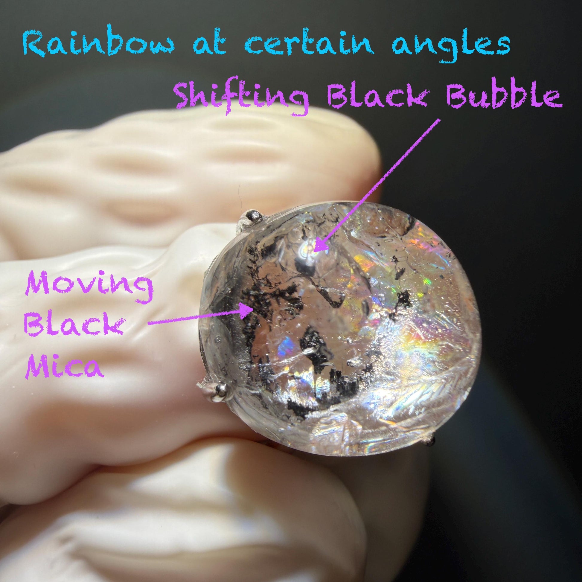 Rare Polished Enhydro Quartz (Herkimer Diamond) s925 Silver Adjustable Ring: Rainbow! Flowing Black Mica and Shifting Bubble Inclusion Crystal Statement Ring for Women ring crystal band ring cocktail ring crystal stackable ring 7 chakra crystal ring meditation crystal healing stone birthstone silver ring ring for men rainbow quartz inclusion quartz inclusion crystal minerals specimen silver ring free size ring adjustable ring holder rain quartz enhydro crystal inclusion crystal inclusion quartz