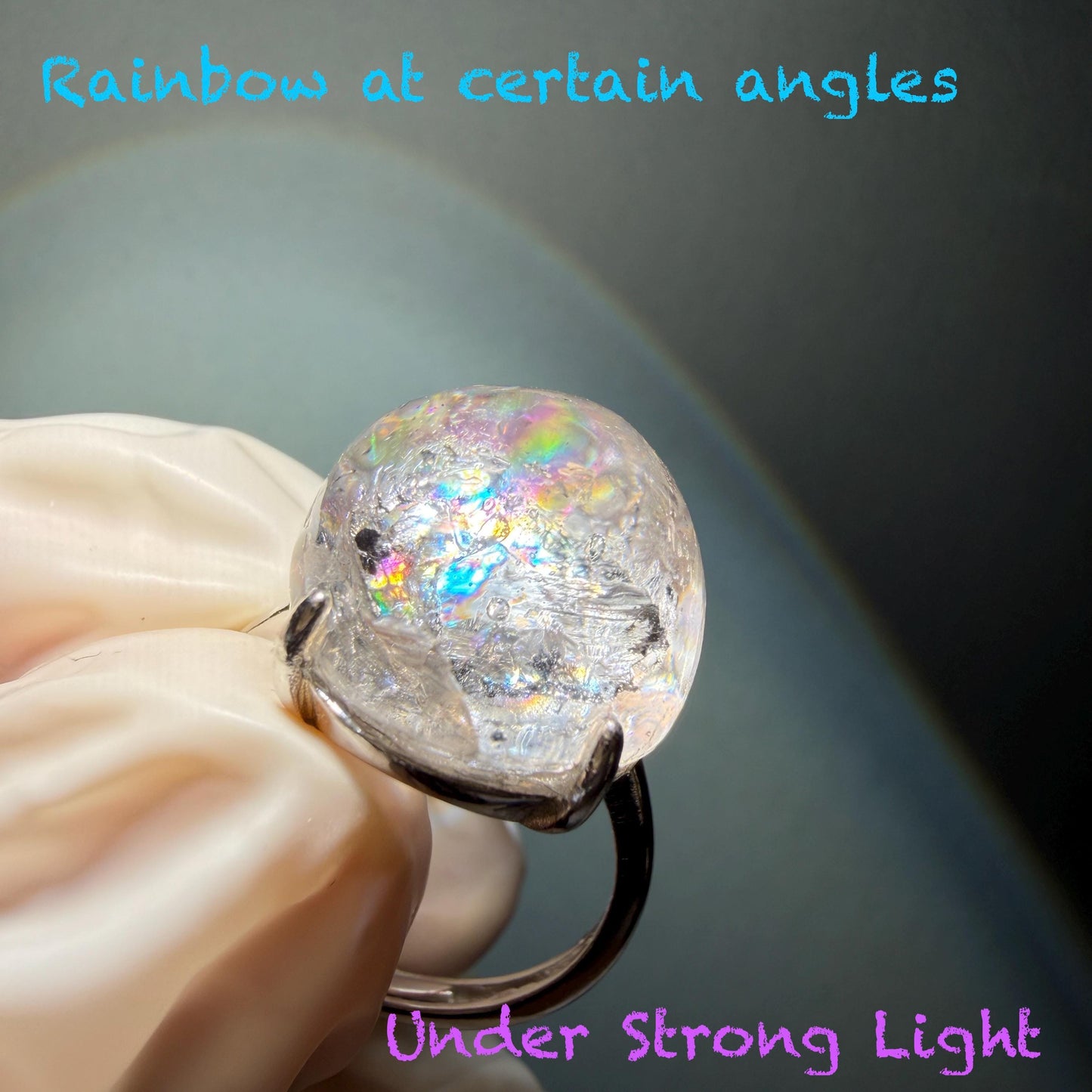 Rare Polished Enhydro Quartz (Herkimer Diamond) s925 Silver Adjustable Ring: Rainbow! Flowing Black Mica and Shifting Bubble Inclusion Crystal Statement Ring for Women ring crystal band ring cocktail ring crystal stackable ring 7 chakra crystal ring meditation crystal healing stone birthstone silver ring ring for men rainbow quartz inclusion quartz inclusion crystal minerals specimen silver ring free size ring adjustable ring holder rain quartz enhydro crystal inclusion crystal inclusion quartz