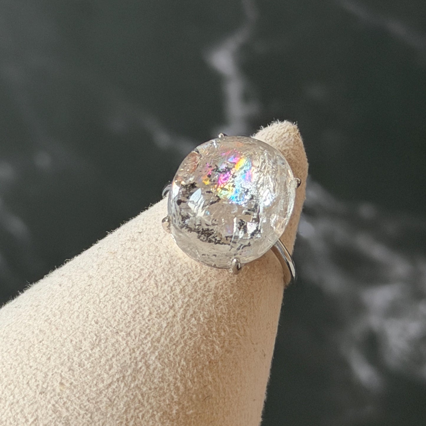 Rare Polished Enhydro Quartz (Herkimer Diamond) s925 Silver Adjustable Ring: Rainbow! Flowing Black Mica and Shifting Bubble Inclusion Crystal Statement Ring for Women ring crystal band ring cocktail ring crystal stackable ring 7 chakra crystal ring meditation crystal healing stone birthstone silver ring ring for men rainbow quartz inclusion quartz inclusion crystal minerals specimen silver ring free size ring adjustable ring holder rain quartz enhydro crystal inclusion crystal inclusion quartz
