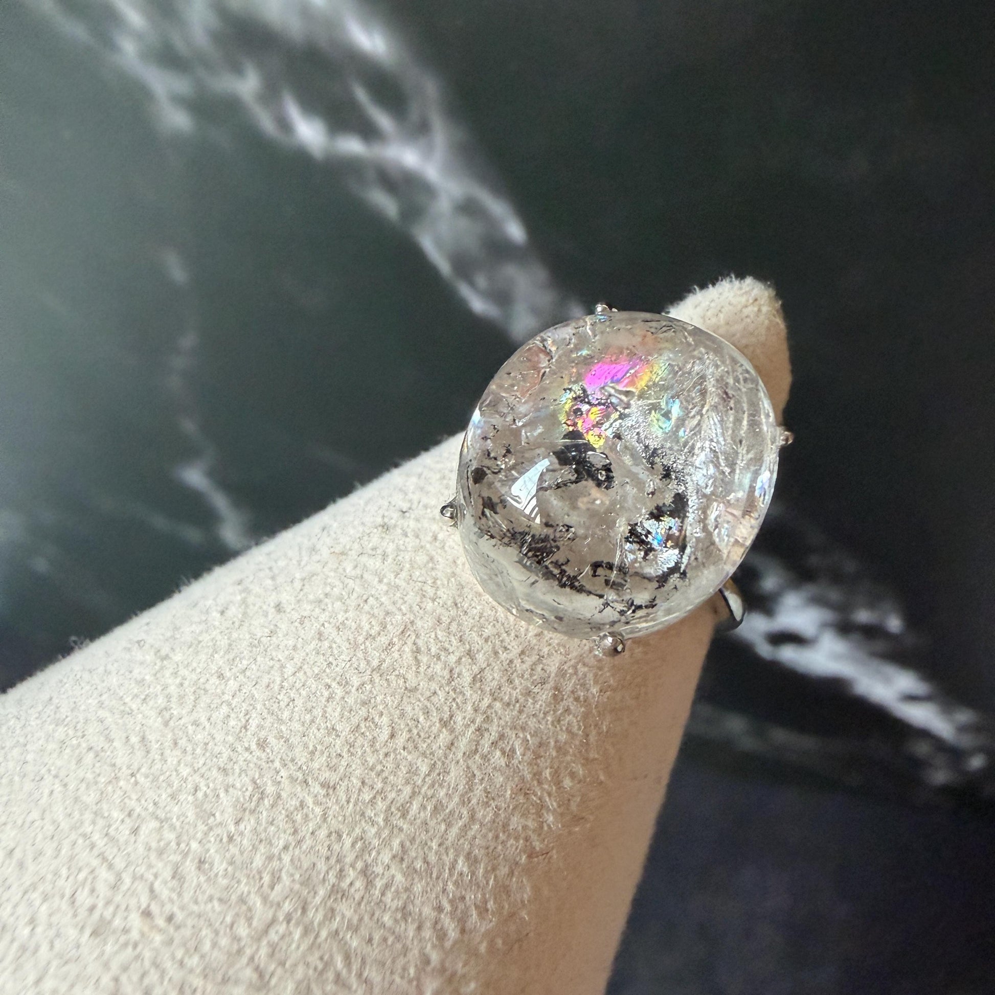 Rare Polished Enhydro Quartz (Herkimer Diamond) s925 Silver Adjustable Ring: Rainbow! Flowing Black Mica and Shifting Bubble Inclusion Crystal Statement Ring for Women ring crystal band ring cocktail ring crystal stackable ring 7 chakra crystal ring meditation crystal healing stone birthstone silver ring ring for men rainbow quartz inclusion quartz inclusion crystal minerals specimen silver ring free size ring adjustable ring holder rain quartz enhydro crystal inclusion crystal inclusion quartz