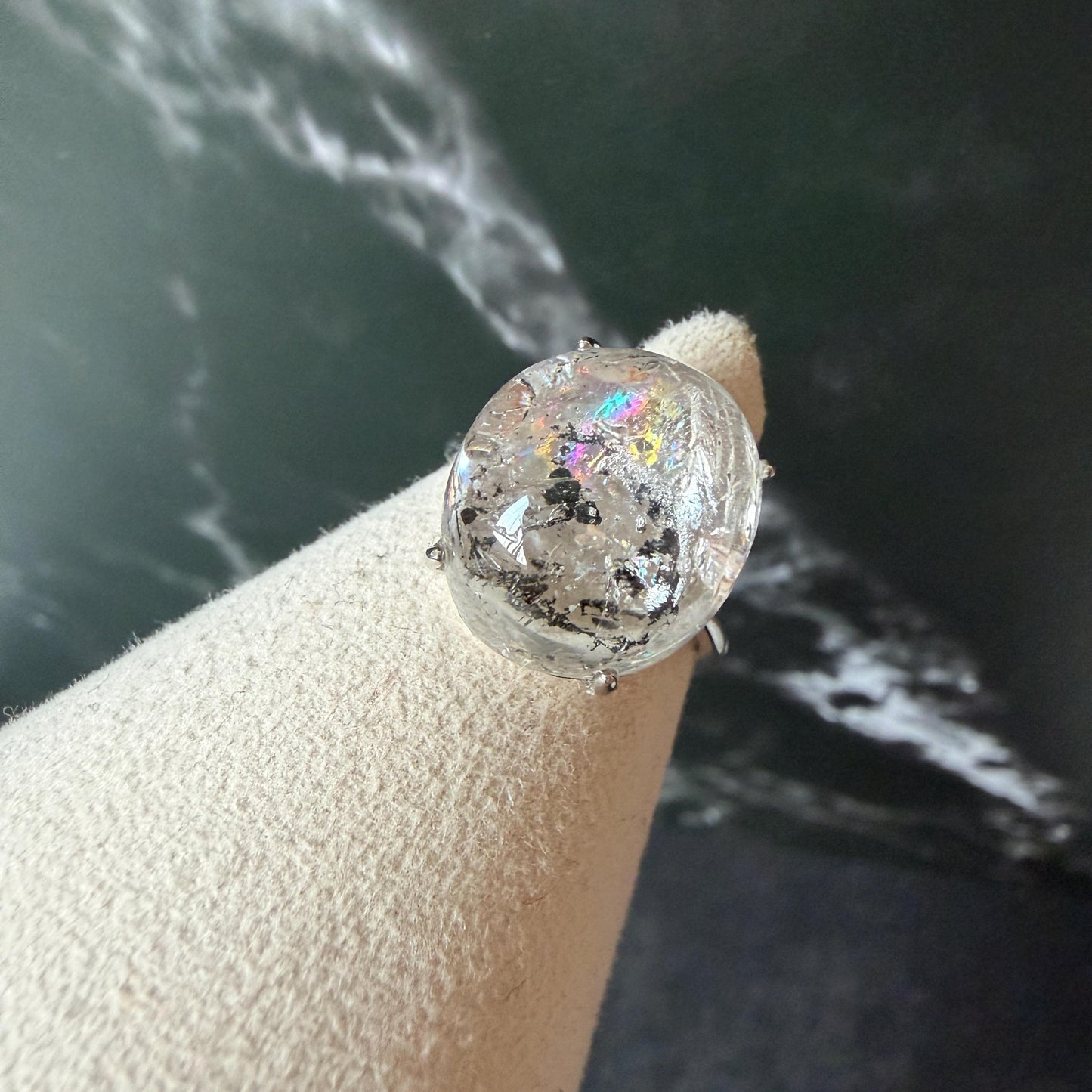 Rare Polished Enhydro Quartz (Herkimer Diamond) s925 Silver Adjustable Ring: Rainbow! Flowing Black Mica and Shifting Bubble Inclusion Crystal Statement Ring for Women ring crystal band ring cocktail ring crystal stackable ring 7 chakra crystal ring meditation crystal healing stone birthstone silver ring ring for men rainbow quartz inclusion quartz inclusion crystal minerals specimen silver ring free size ring adjustable ring holder rain quartz enhydro crystal inclusion crystal inclusion quartz