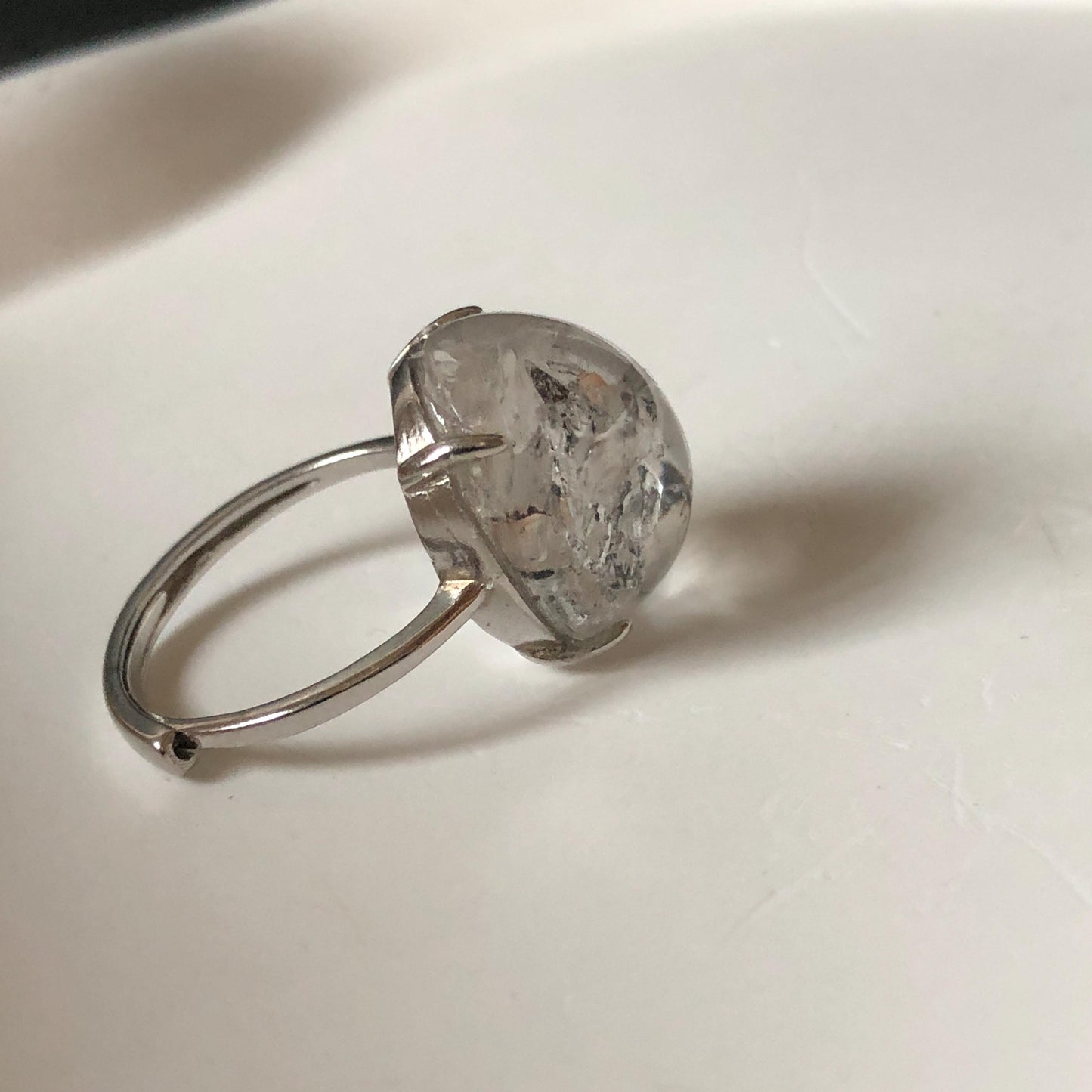 Rare Polished Enhydro Quartz (Herkimer Diamond) s925 Silver Adjustable Ring: Rainbow! Flowing Black Mica and Shifting Bubble Inclusion Crystal Statement Ring for Women ring crystal band ring cocktail ring crystal stackable ring 7 chakra crystal ring meditation crystal healing stone birthstone silver ring ring for men rainbow quartz inclusion quartz inclusion crystal minerals specimen silver ring free size ring adjustable ring holder rain quartz enhydro crystal inclusion crystal inclusion quartz