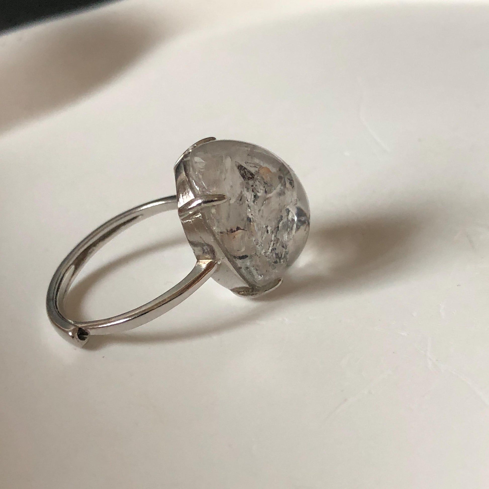 Rare Polished Enhydro Quartz (Herkimer Diamond) s925 Silver Adjustable Ring: Rainbow! Flowing Black Mica and Shifting Bubble Inclusion Crystal Statement Ring for Women ring crystal band ring cocktail ring crystal stackable ring 7 chakra crystal ring meditation crystal healing stone birthstone silver ring ring for men rainbow quartz inclusion quartz inclusion crystal minerals specimen silver ring free size ring adjustable ring holder rain quartz enhydro crystal inclusion crystal inclusion quartz