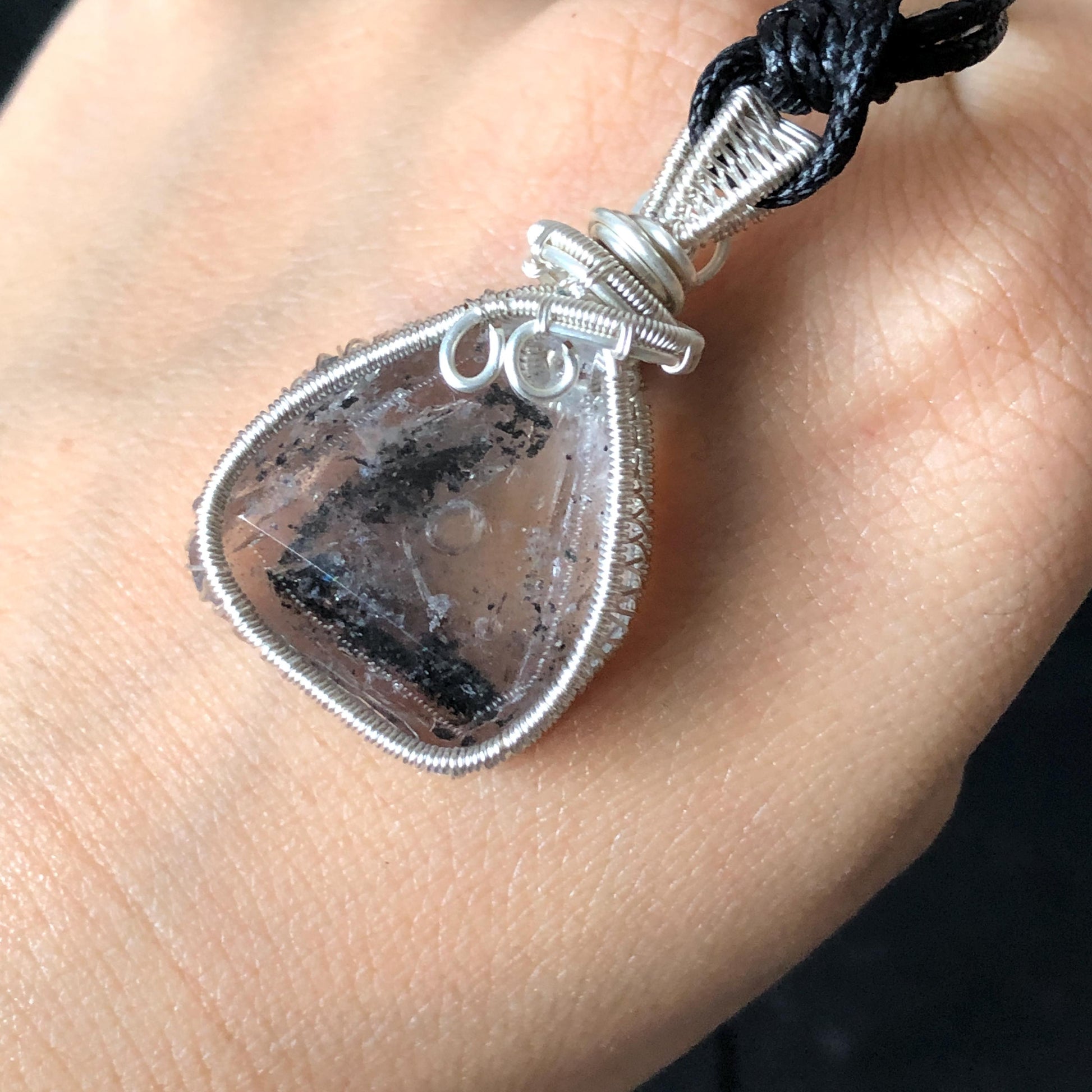 Rare Polished Enhydro Quartz (Herkimer Diamond) Wire Wrapped Small Pendant Adjustable Choker Necklace: Flowing Ink-like Black Sand Waterfall & Clear Bubbles Inclusion Crystal | Natural Gemstone Birthstone Gift for her  enhydro quartz sand water-fall pendant necklace choker gemstone charm stone pendant choker polished stone pendant crystal charm birthstone men necklace chakra crystal purify stone minerals specimen adjustable choker wire wrapped pendant sand inclusion crystal charm quick sand