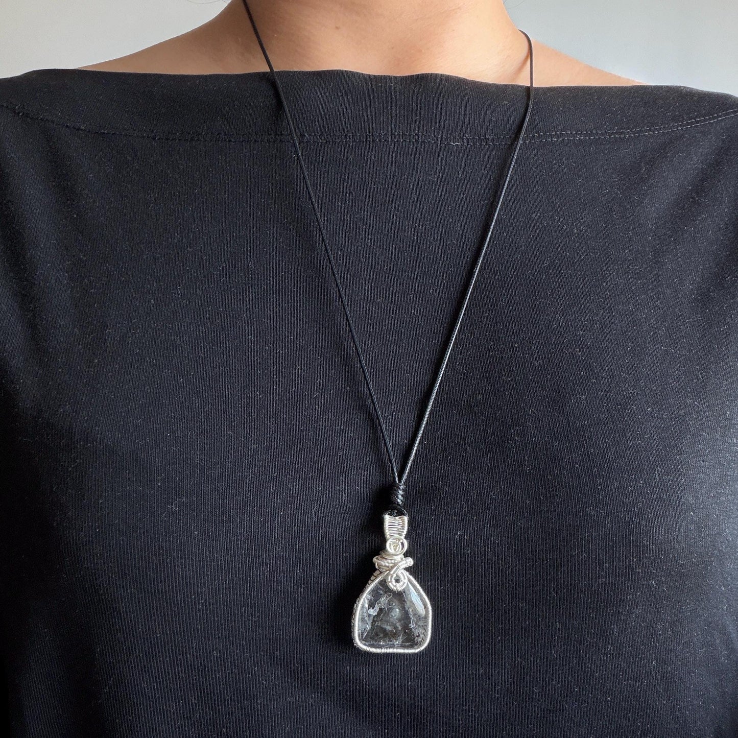 Rare Polished Enhydro Quartz (Herkimer Diamond) Wire Wrapped Small Pendant Adjustable Choker Necklace: Flowing Ink-like Black Sand Waterfall & Clear Bubbles Inclusion Crystal | Natural Gemstone Birthstone Gift for her  enhydro quartz sand water-fall pendant necklace choker gemstone charm stone pendant choker polished stone pendant crystal charm birthstone men necklace chakra crystal purify stone minerals specimen adjustable choker wire wrapped pendant sand inclusion crystal charm quick sand