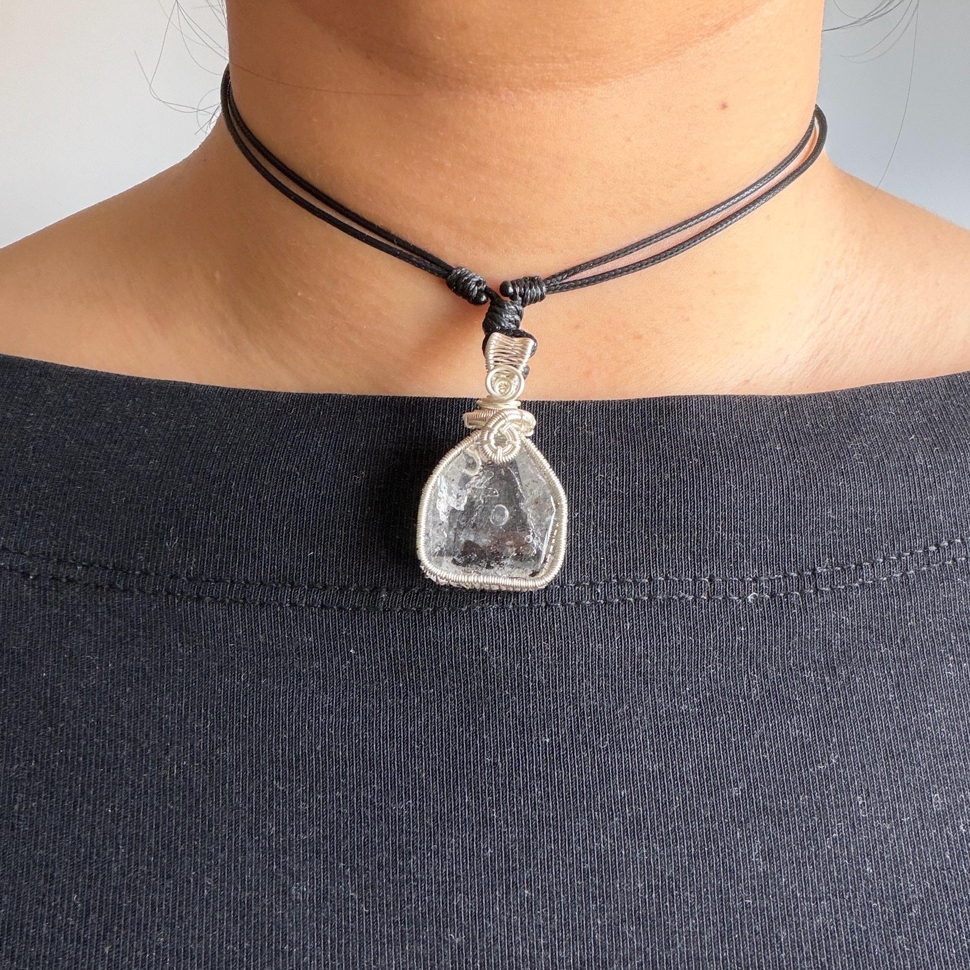 Rare Polished Enhydro Quartz (Herkimer Diamond) Wire Wrapped Small Pendant Adjustable Choker Necklace: Flowing Ink-like Black Sand Waterfall & Clear Bubbles Inclusion Crystal | Natural Gemstone Birthstone Gift for her  enhydro quartz sand water-fall pendant necklace choker gemstone charm stone pendant choker polished stone pendant crystal charm birthstone men necklace chakra crystal purify stone minerals specimen adjustable choker wire wrapped pendant sand inclusion crystal charm quick sand