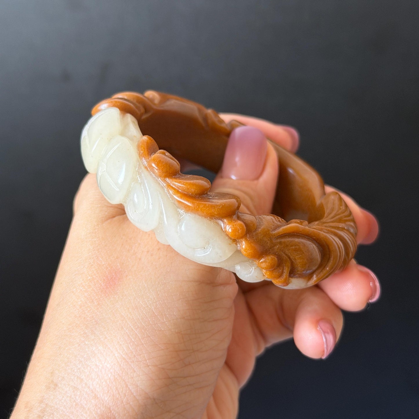 54.3mm SheTaiCui Jade (Quartzite) Hand Carved Goldfish with Coins & Ruyi Bangle:  Natural Bi-color Brown & White Stone Bracelet | Wealth & Good Luck | 3D stone carving Jade carving brown jade white jade animals carving fish lover gift hand engraved bracelet handcrafted bangle untreated jade goldfish carving
