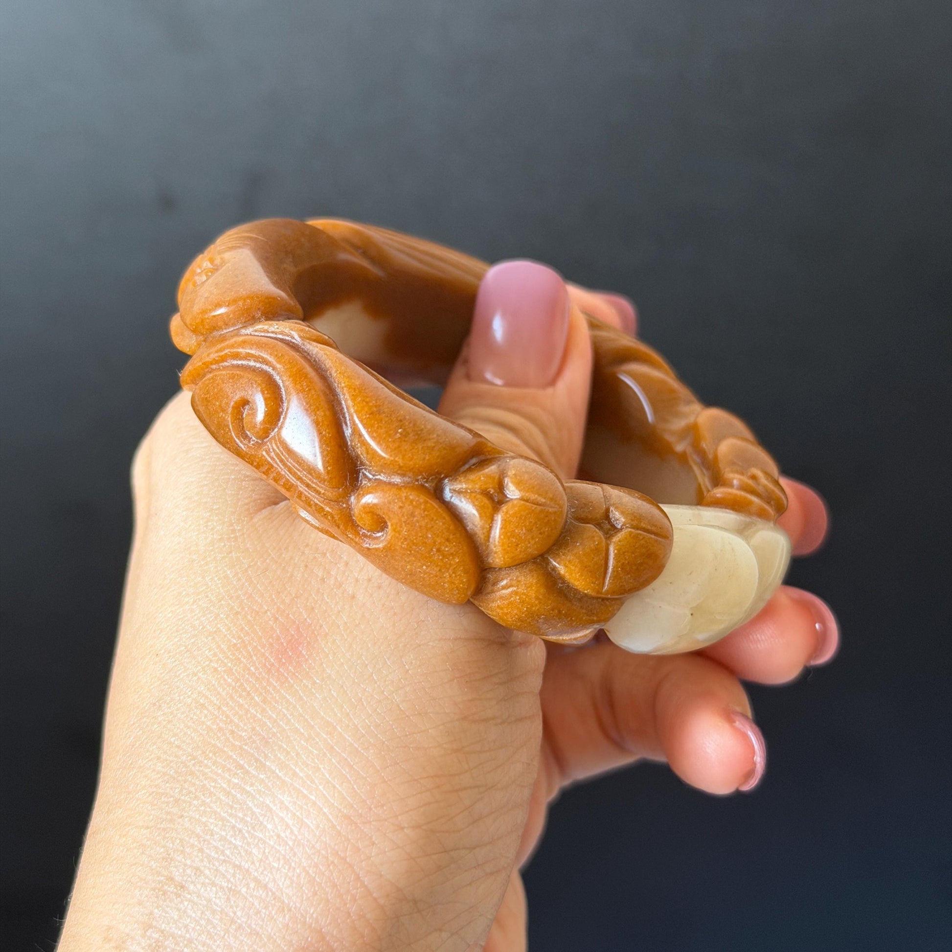 54.3mm SheTaiCui Jade (Quartzite) Hand Carved Goldfish with Coins & Ruyi Bangle:  Natural Bi-color Brown & White Stone Bracelet | Wealth & Good Luck | 3D stone carving Jade carving brown jade white jade animals carving fish lover gift hand engraved bracelet handcrafted bangle untreated jade goldfish carving