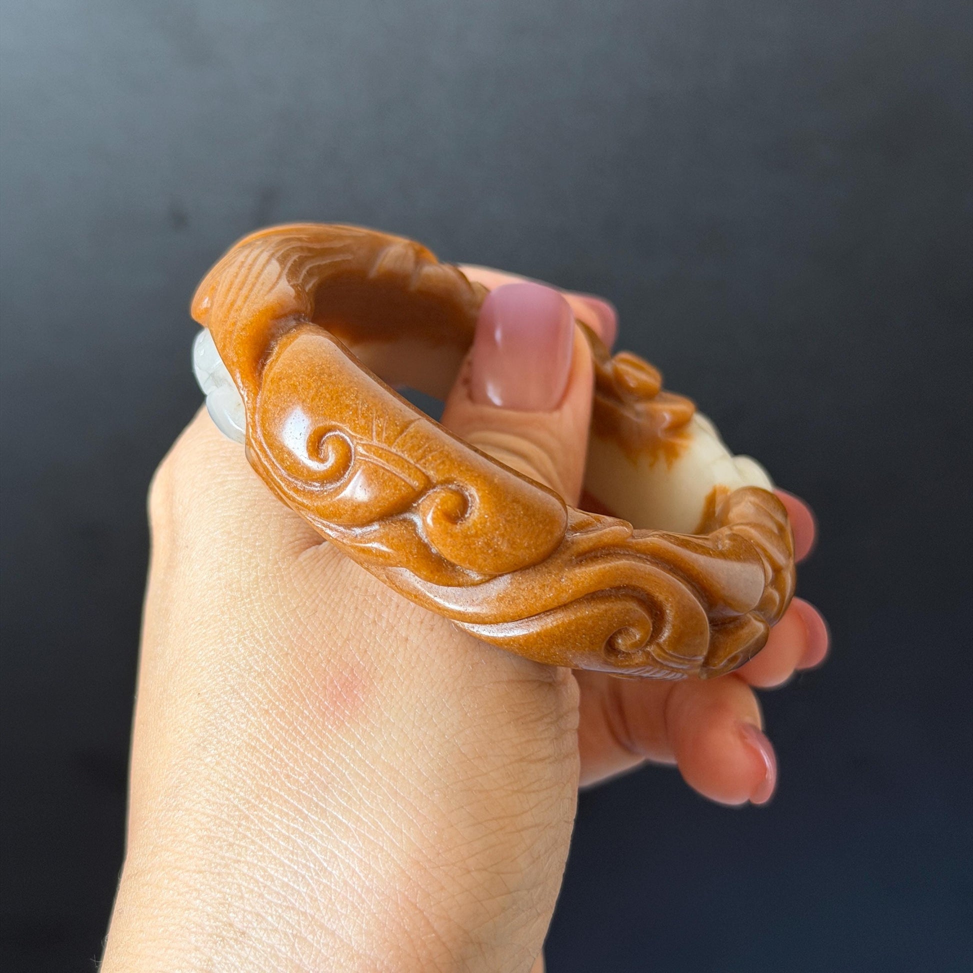 54.3mm SheTaiCui Jade (Quartzite) Hand Carved Goldfish with Coins & Ruyi Bangle:  Natural Bi-color Brown & White Stone Bracelet | Wealth & Good Luck | 3D stone carving Jade carving brown jade white jade animals carving fish lover gift hand engraved bracelet handcrafted bangle untreated jade goldfish carving